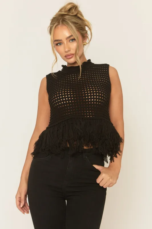 Black Knitted Fringed Hem Top - Elliott sold by Rebellious Fashion