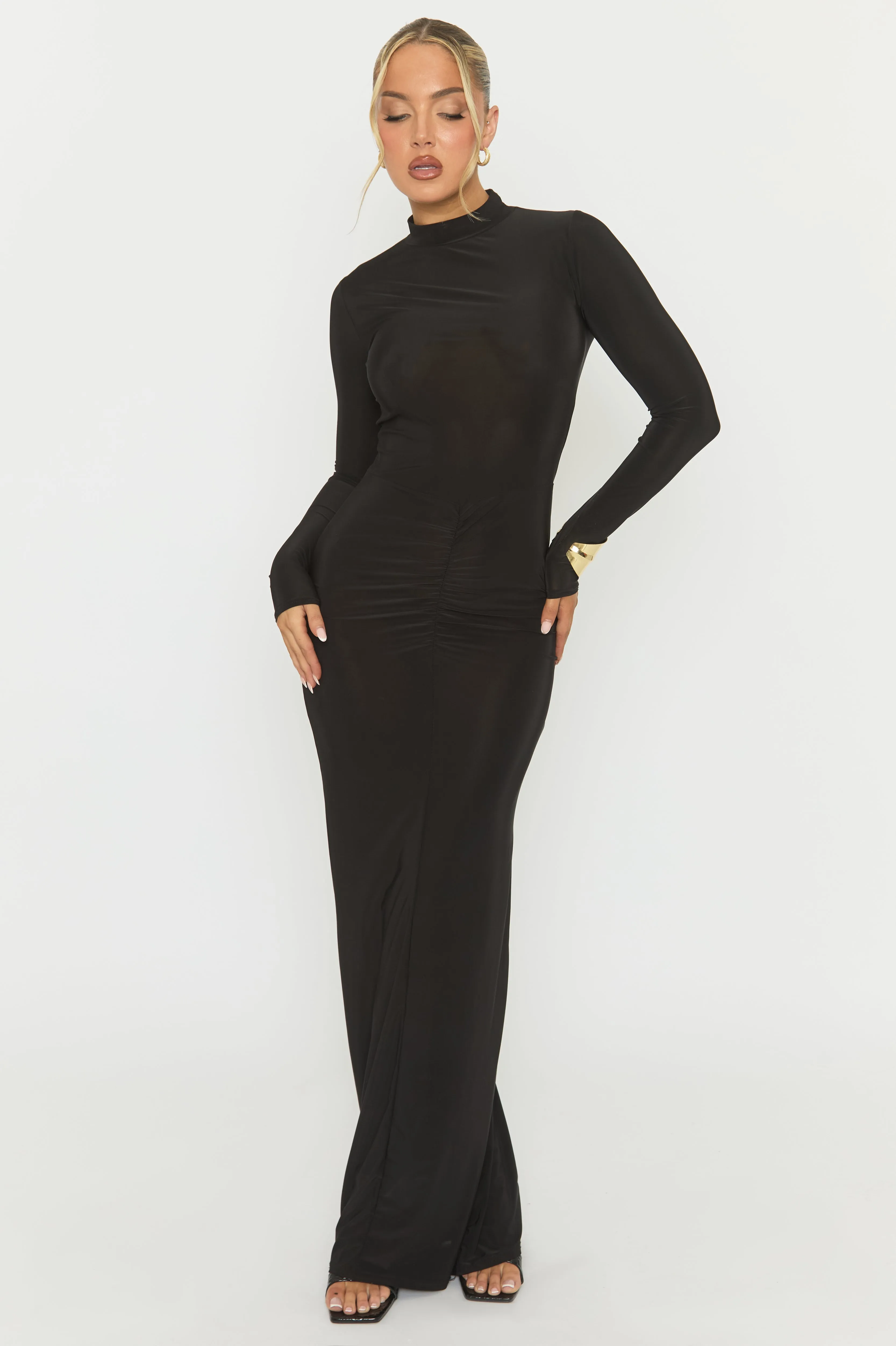 Black Long Sleeve Ruched Maxi Dress - Denza sold by Rebellious Fashion product image thumbnail 5