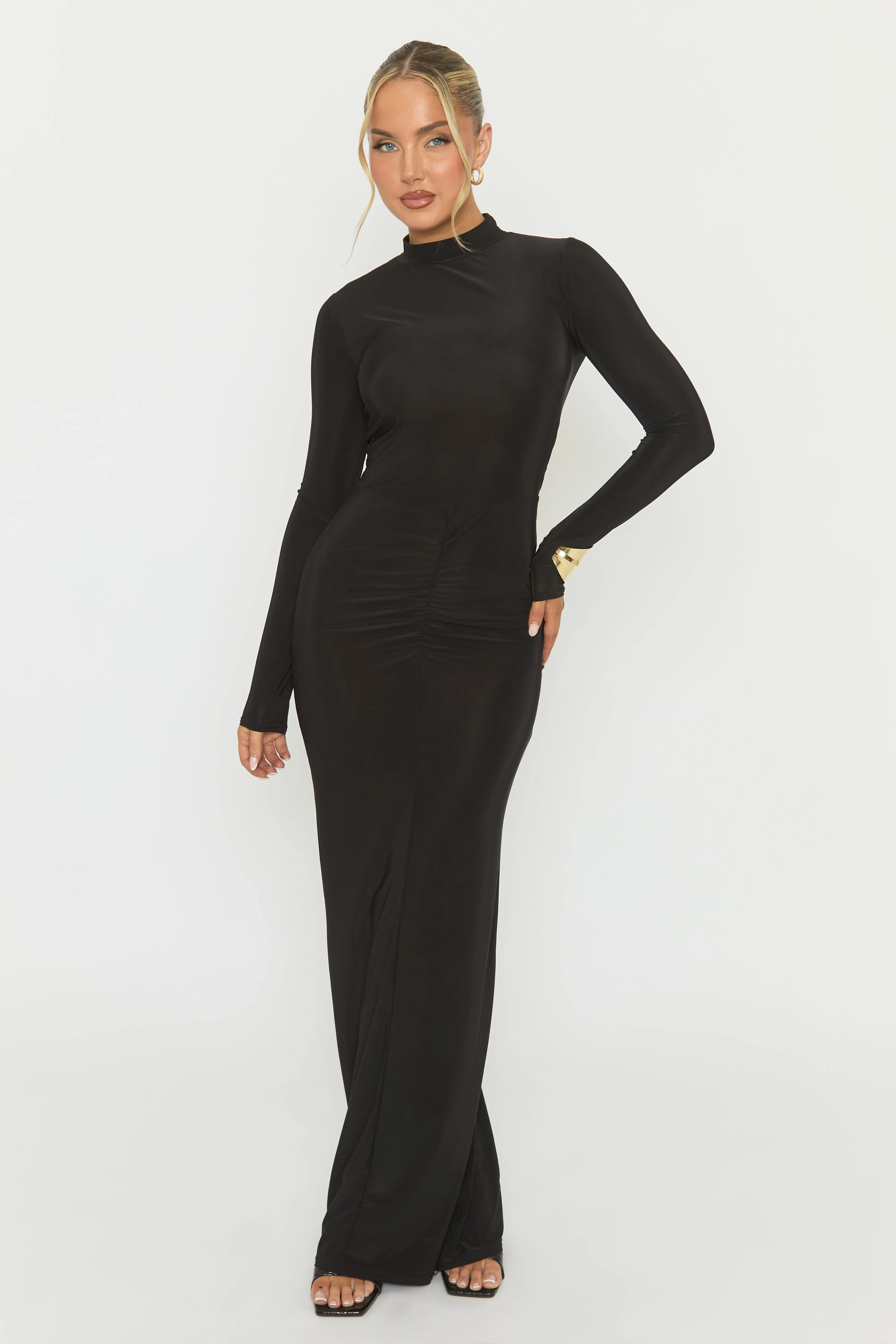 Black Long Sleeve Ruched Maxi Dress - Denza sold by Rebellious Fashion product image thumbnail 2