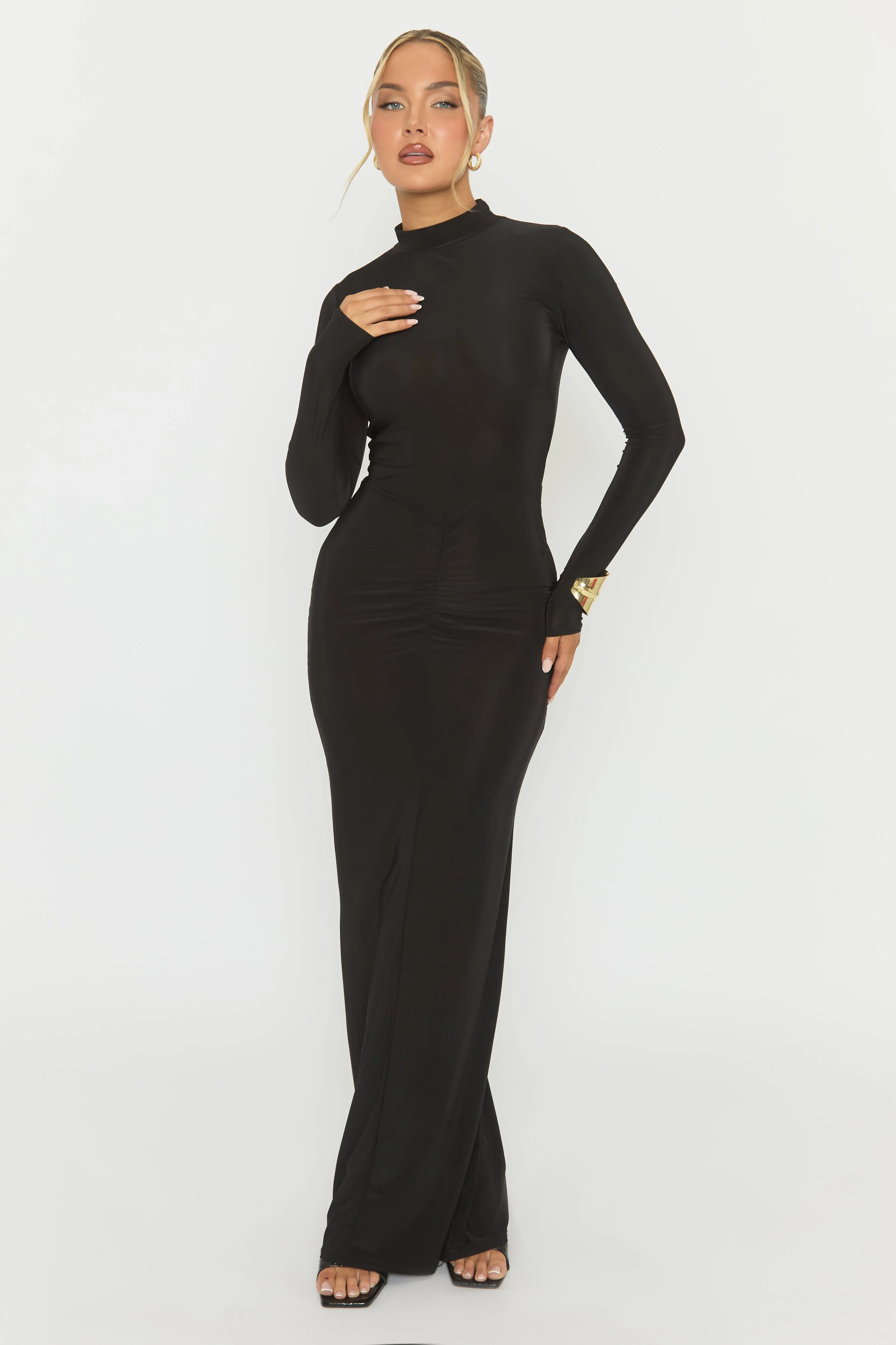 Black Long Sleeve Ruched Maxi Dress - Denza sold by Rebellious Fashion