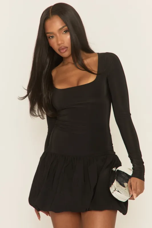 Black Square Neck Long Sleeve Puffball Mini Dress - Irenee sold by Rebellious Fashion