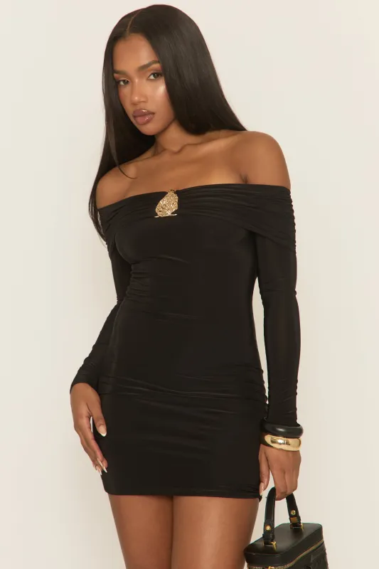 Black Gold Trim Bardot Mini Dress - Raynor sold by Rebellious Fashion