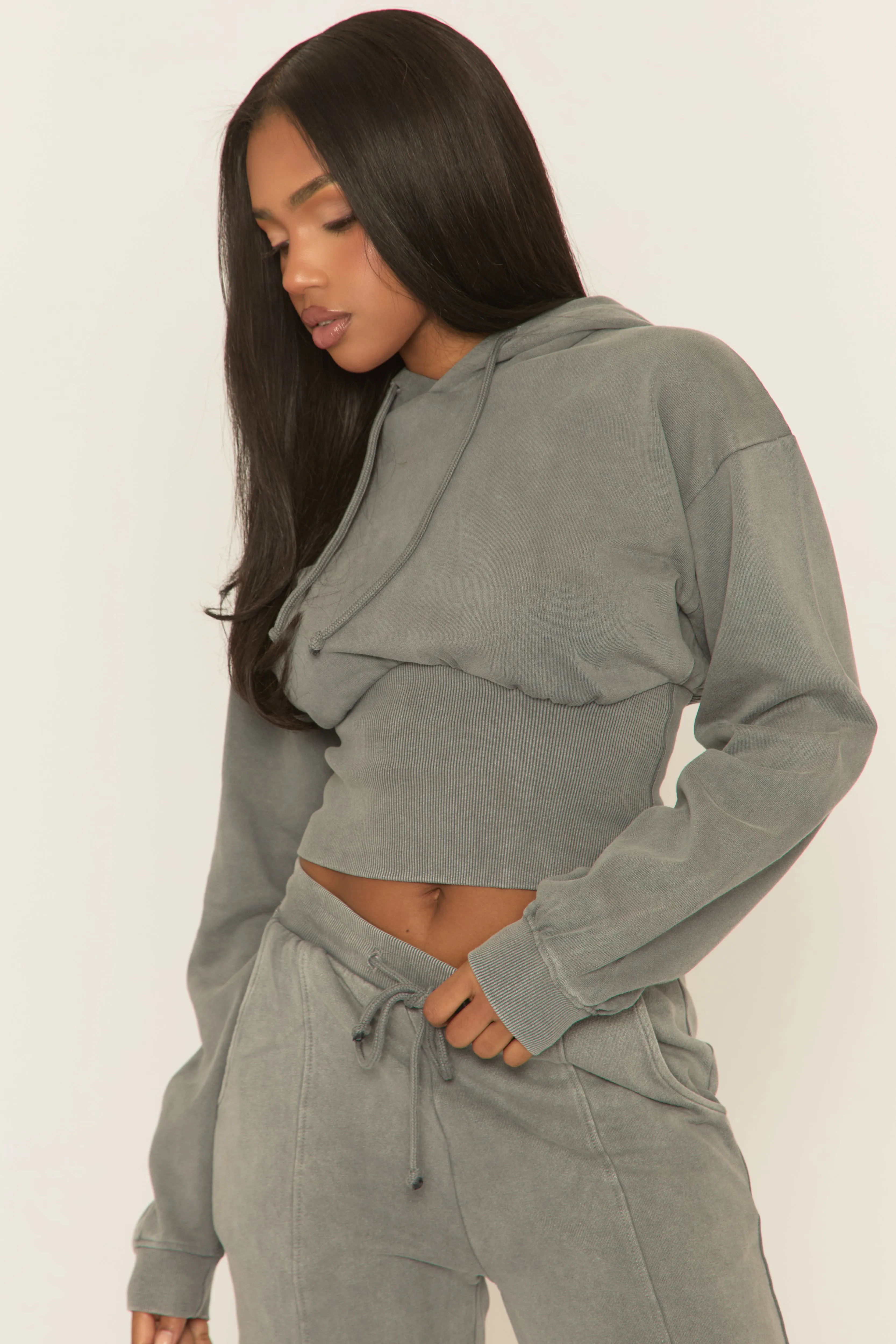 Silver Grey Washed Cinched Waist Hoody and Joggers Loungewear Co-ord Set - Destiny sold by Rebellious Fashion product image thumbnail 4