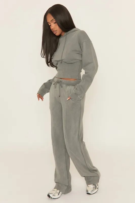 Silver Grey Washed Cinched Waist Hoody and Joggers Loungewear Co-ord Set - Destiny sold by Rebellious Fashion