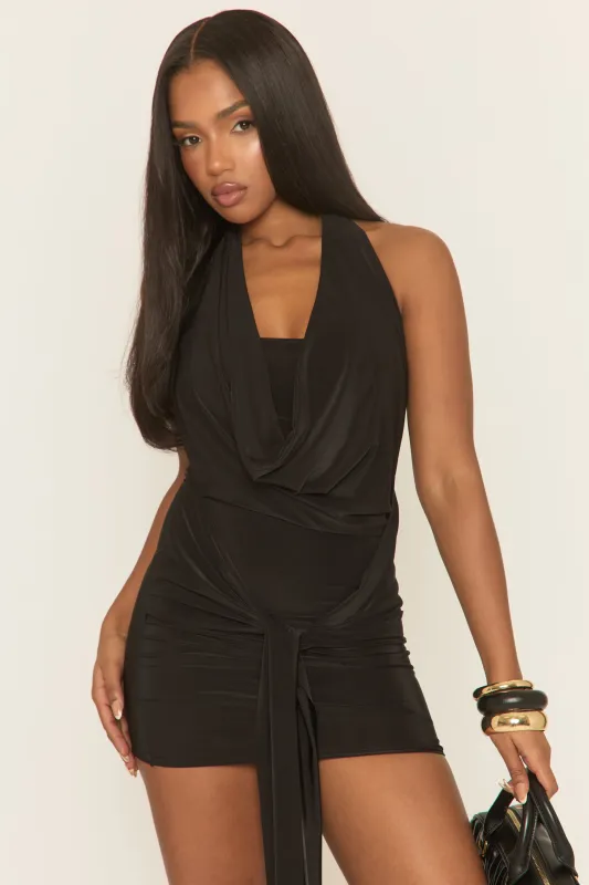 Black Cowl Neck Drape Mini Dress - Geena sold by Rebellious Fashion