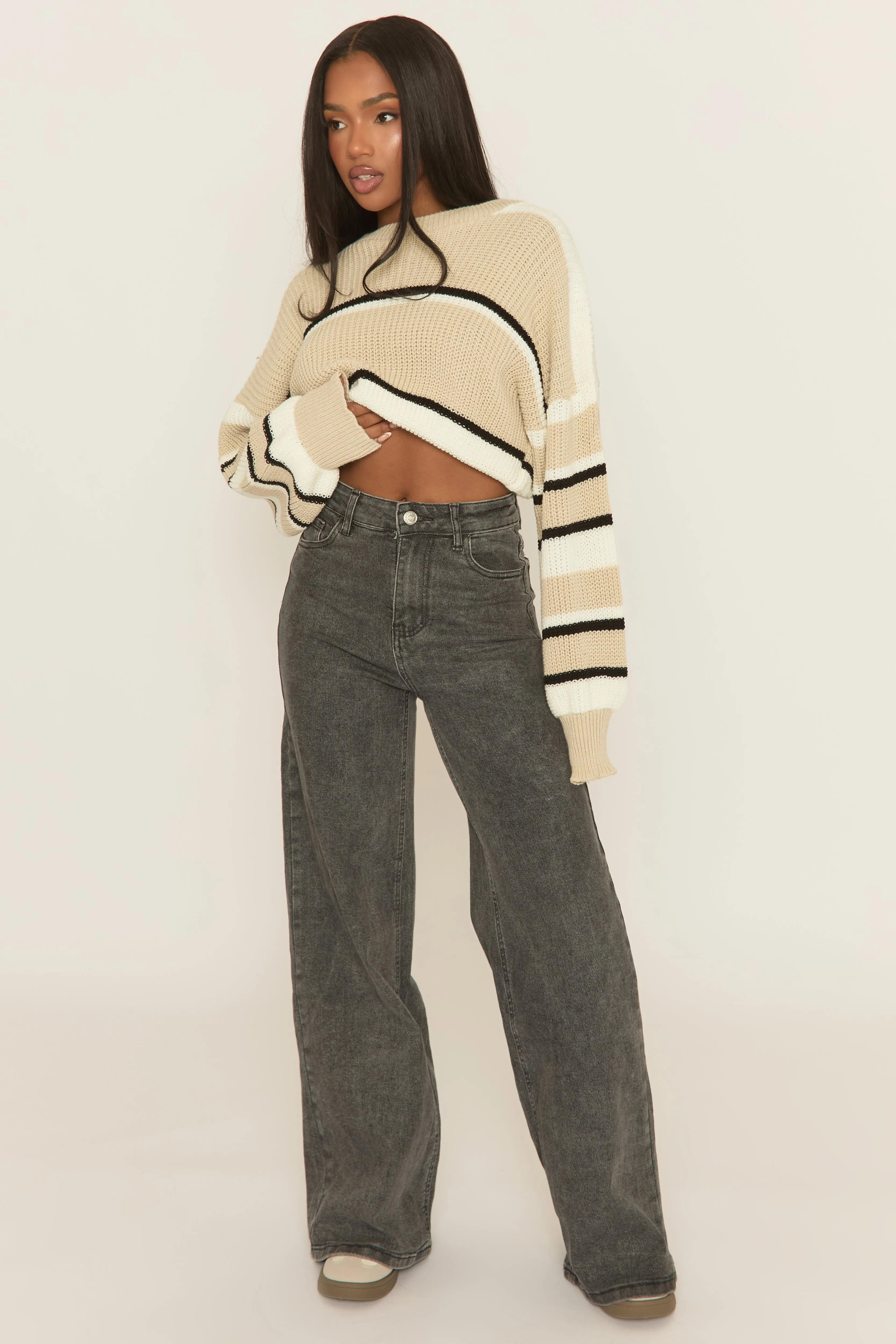 Beige Stripe Cropped Knit Jumper - Isobella sold by Rebellious Fashion product image thumbnail 5