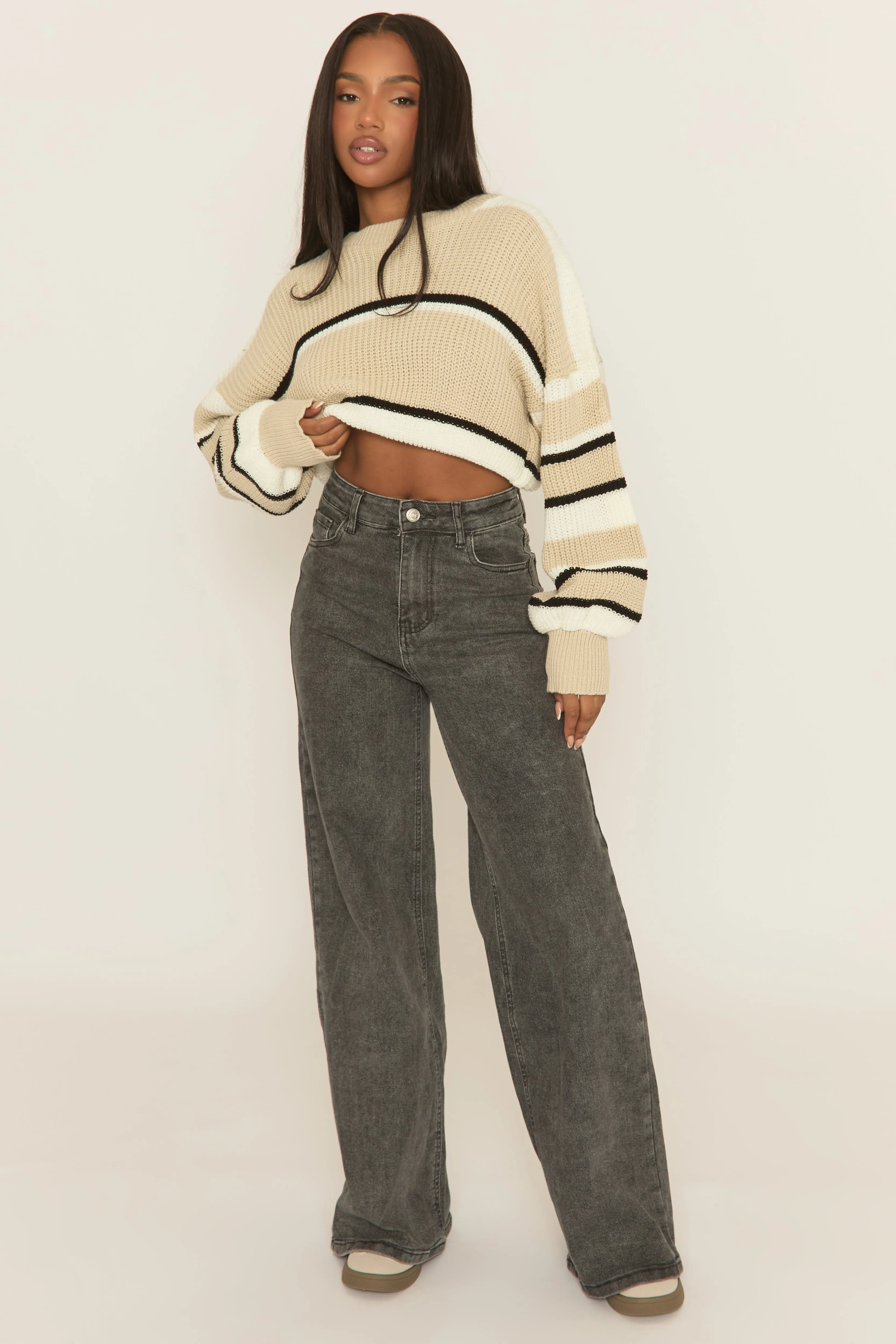 Beige Stripe Cropped Knit Jumper - Isobella sold by Rebellious Fashion product image thumbnail 2