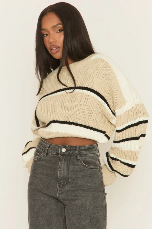 Beige Stripe Cropped Knit Jumper - Isobella sold by Rebellious Fashion