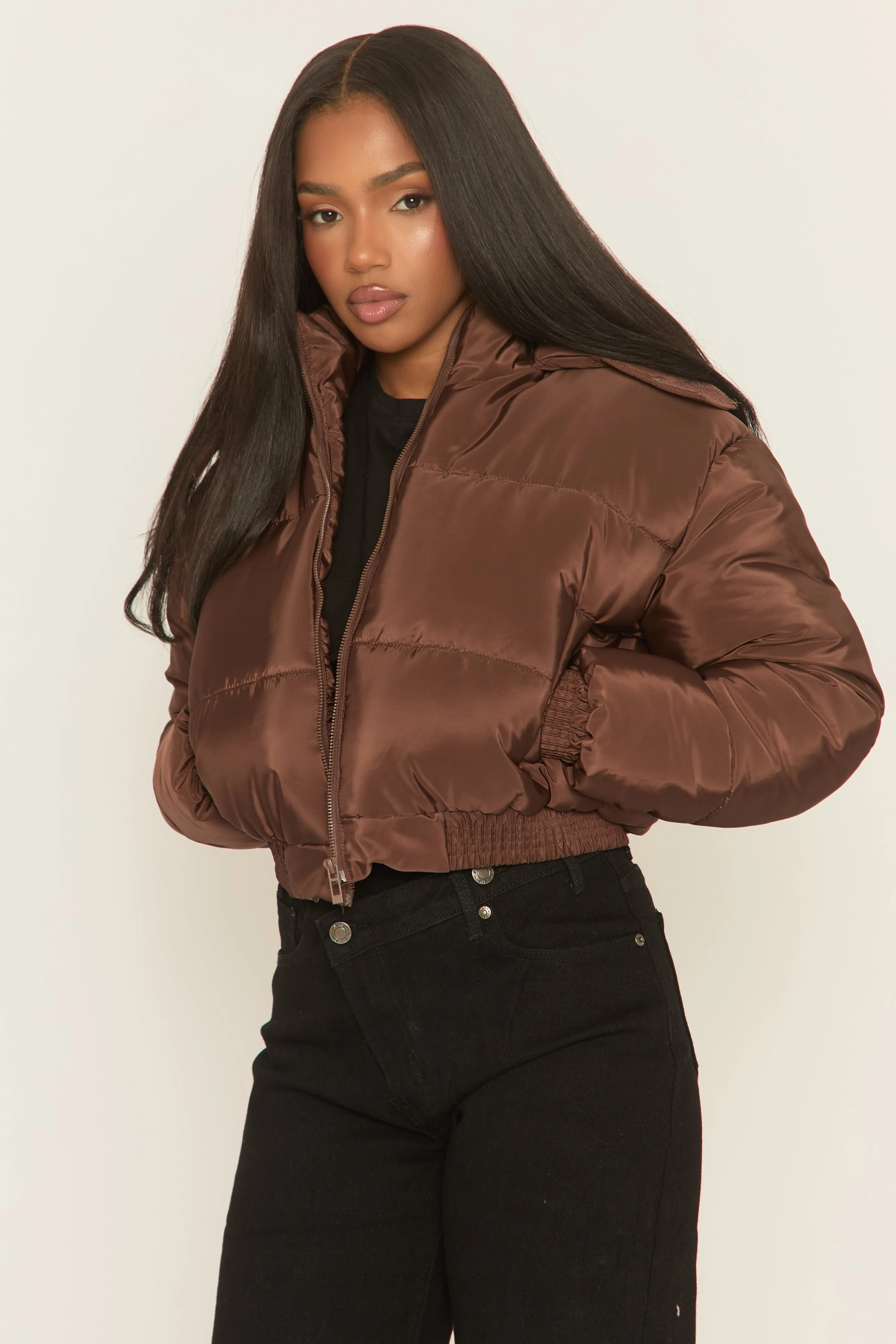 Chocolate Hooded Zip Through Crop Puffer Jacket - Careen sold by Rebellious Fashion product image thumbnail 2