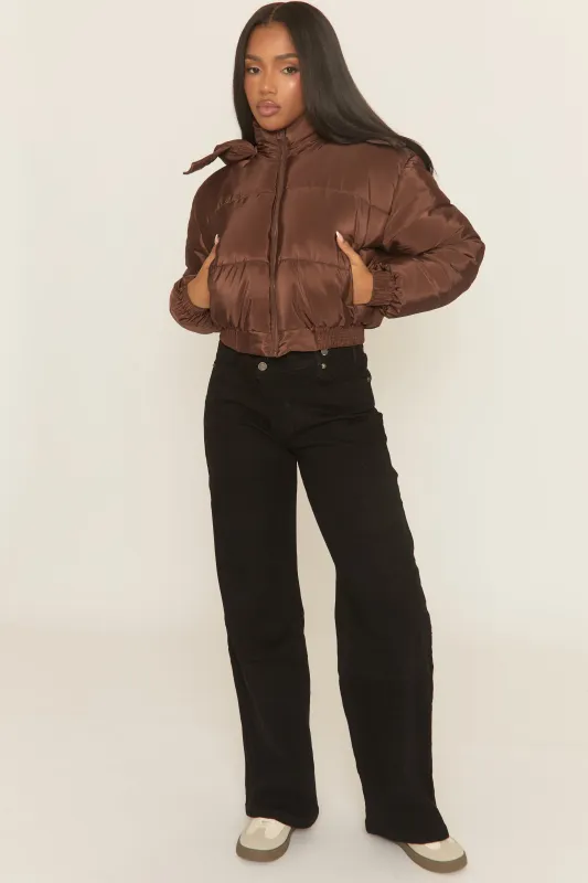 Chocolate Hooded Zip Through Crop Puffer Jacket - Careen made by Rebellious Fashion