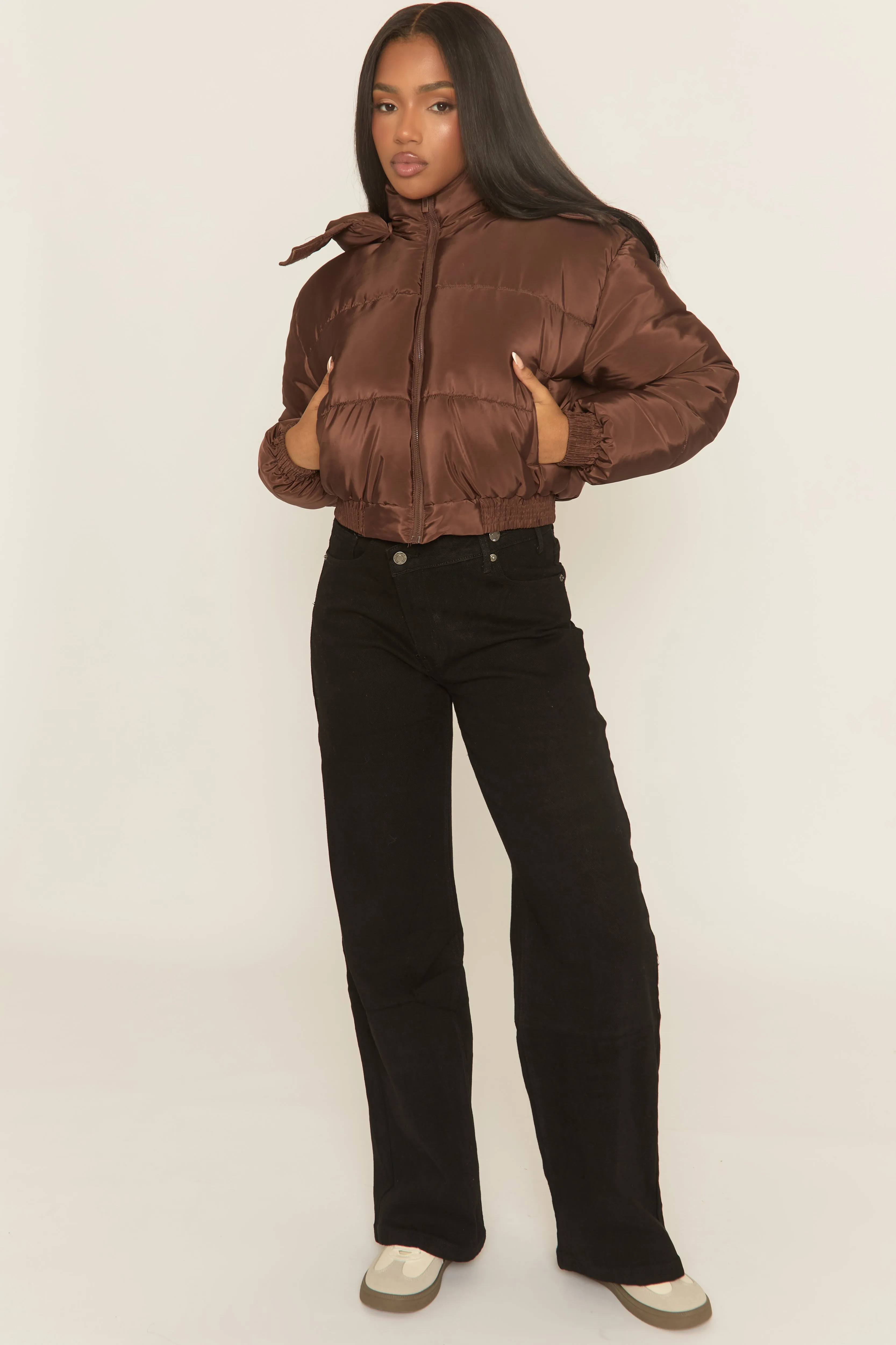 Chocolate Hooded Zip Through Crop Puffer Jacket - Careen sold by Rebellious Fashion