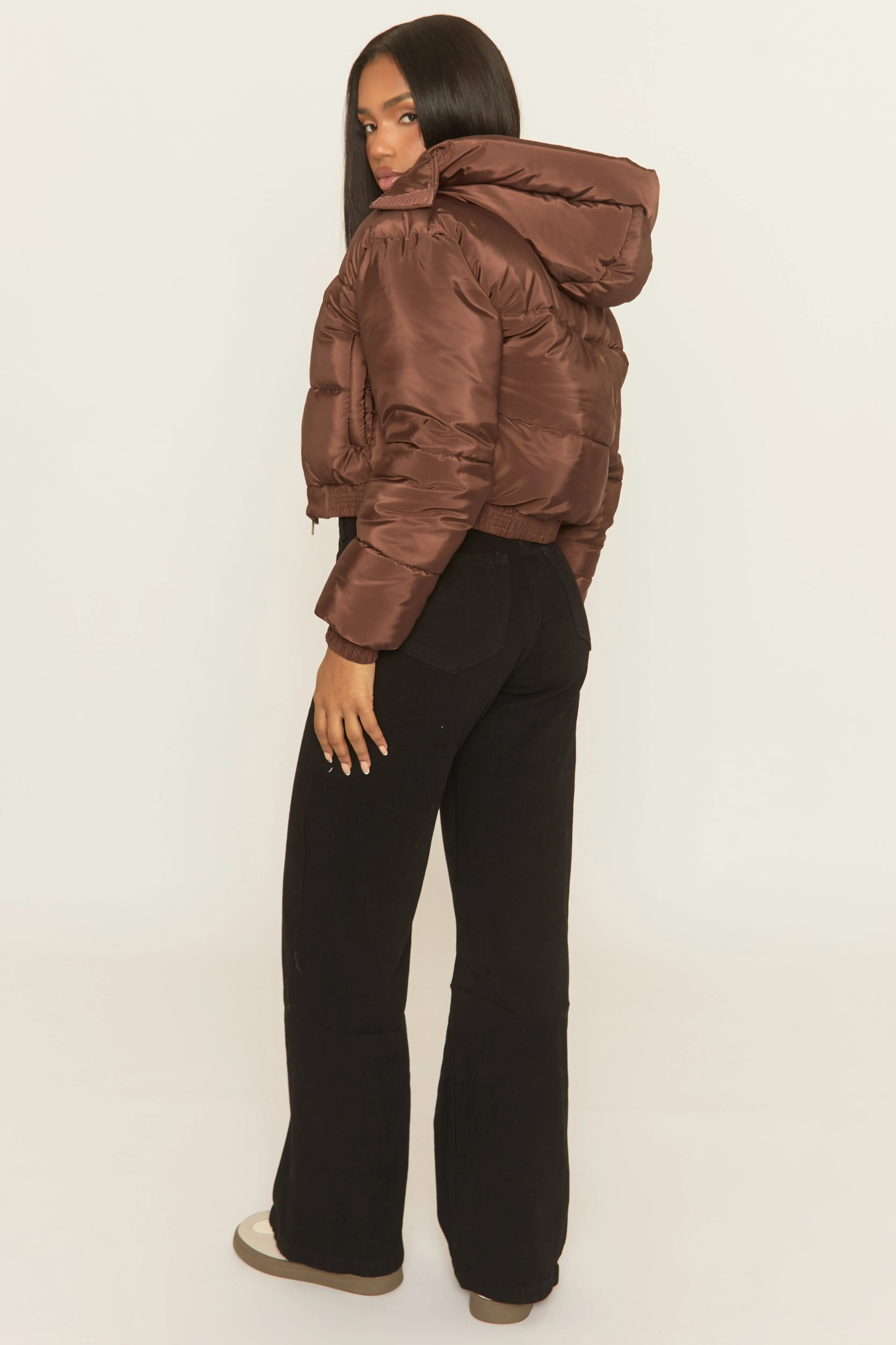 Chocolate Hooded Zip Through Crop Puffer Jacket - Careen sold by Rebellious Fashion product image thumbnail 3