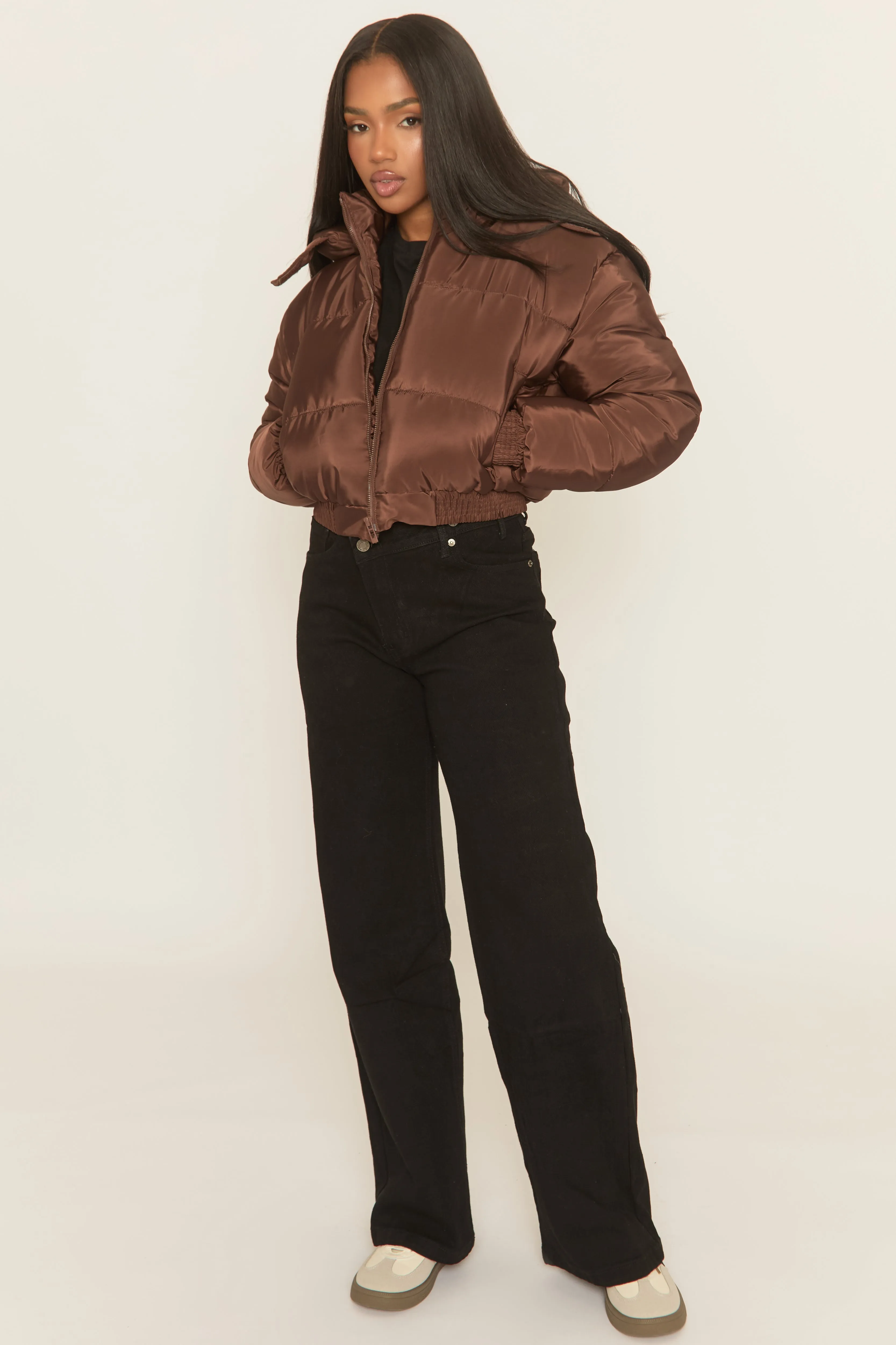 Chocolate Hooded Zip Through Crop Puffer Jacket - Careen sold by Rebellious Fashion product image thumbnail 5