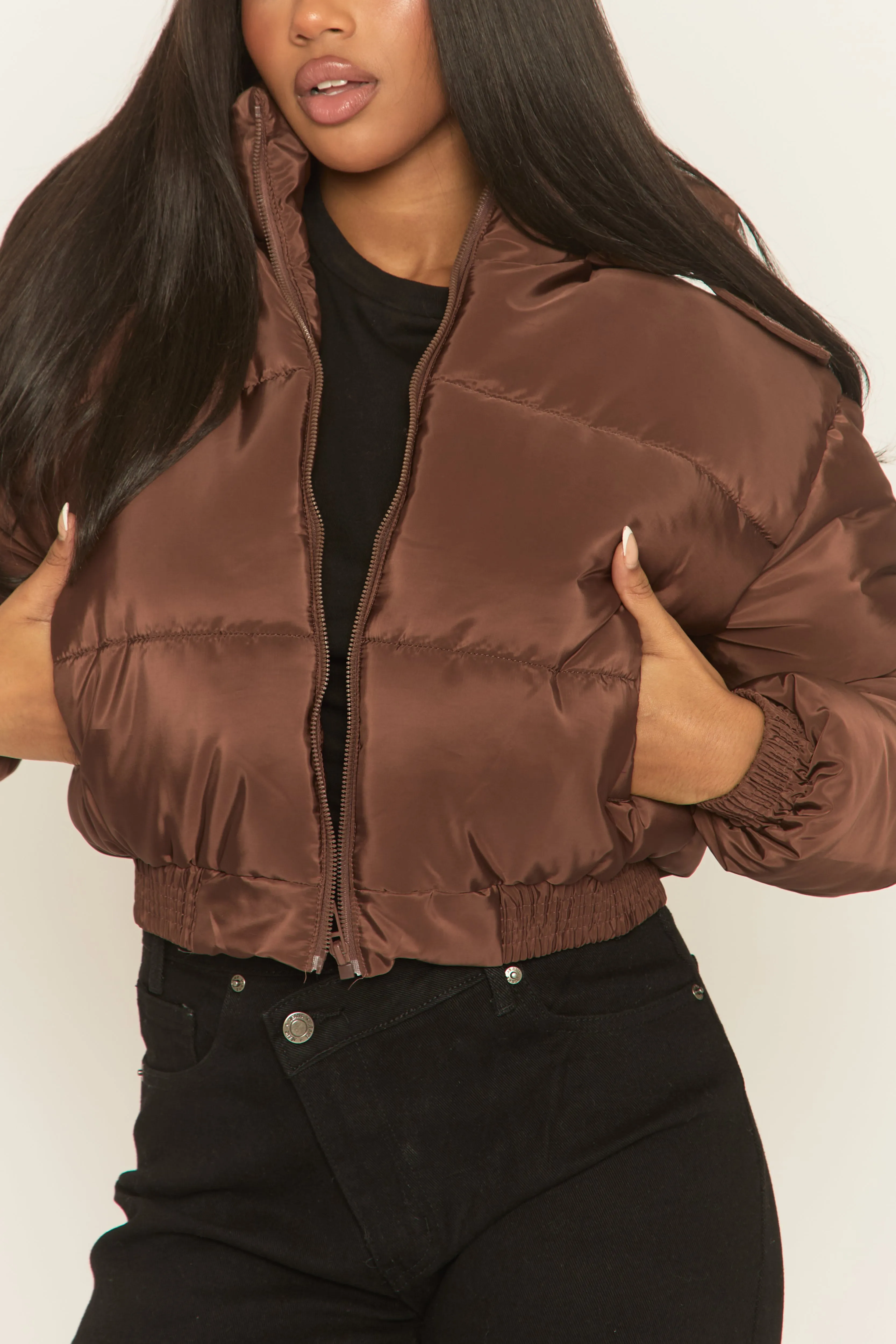 Chocolate Hooded Zip Through Crop Puffer Jacket - Careen sold by Rebellious Fashion product image thumbnail 4