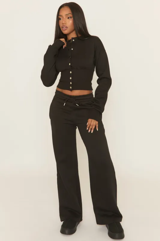Black Popper Front Cinched Waist Sweatshirt and Wide Leg Trousers Loungewear Co-ord Set - Neelam sold by Rebellious Fashion