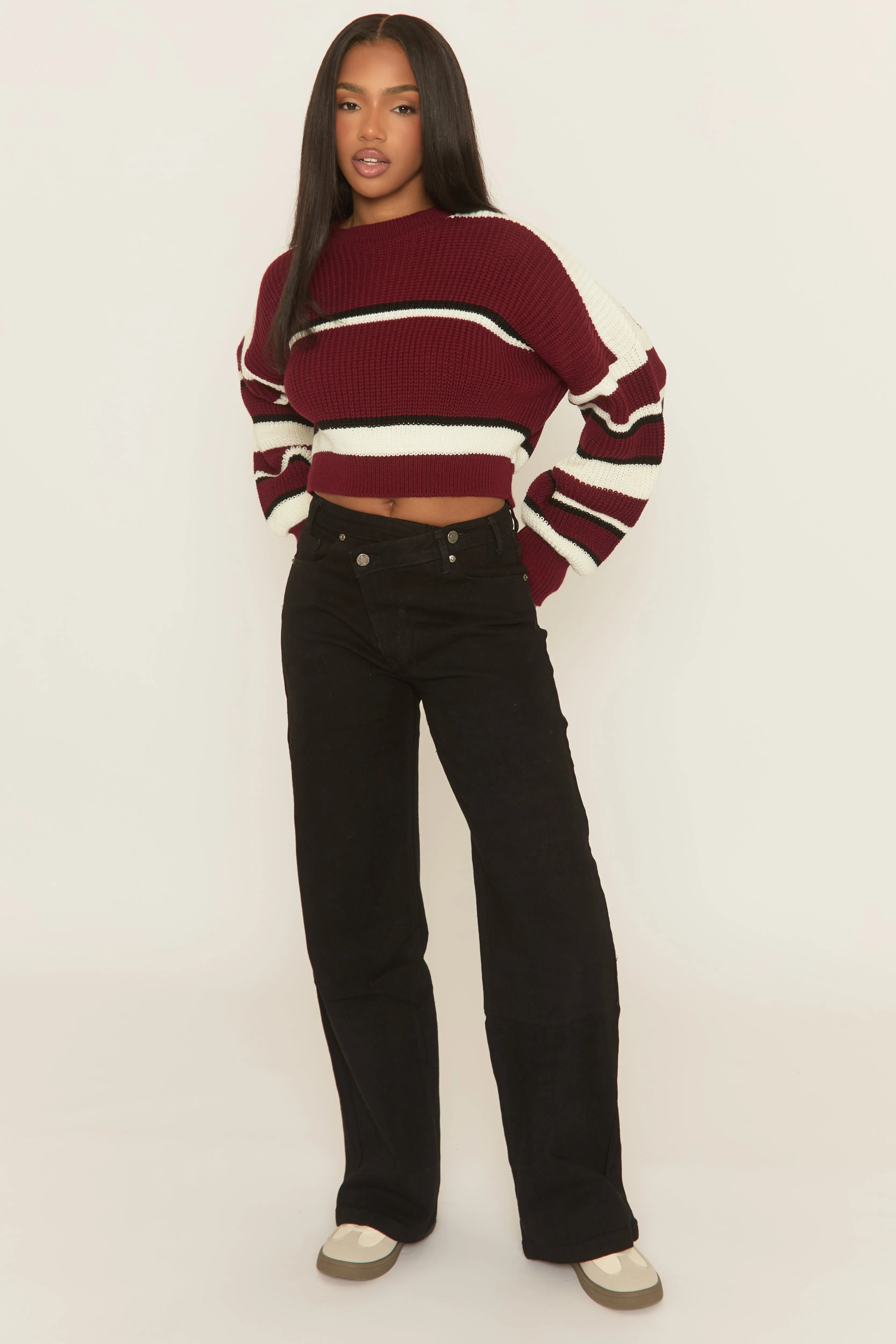Wine Stripe Cropped Knit Jumper - Isobella sold by Rebellious Fashion product image thumbnail 4