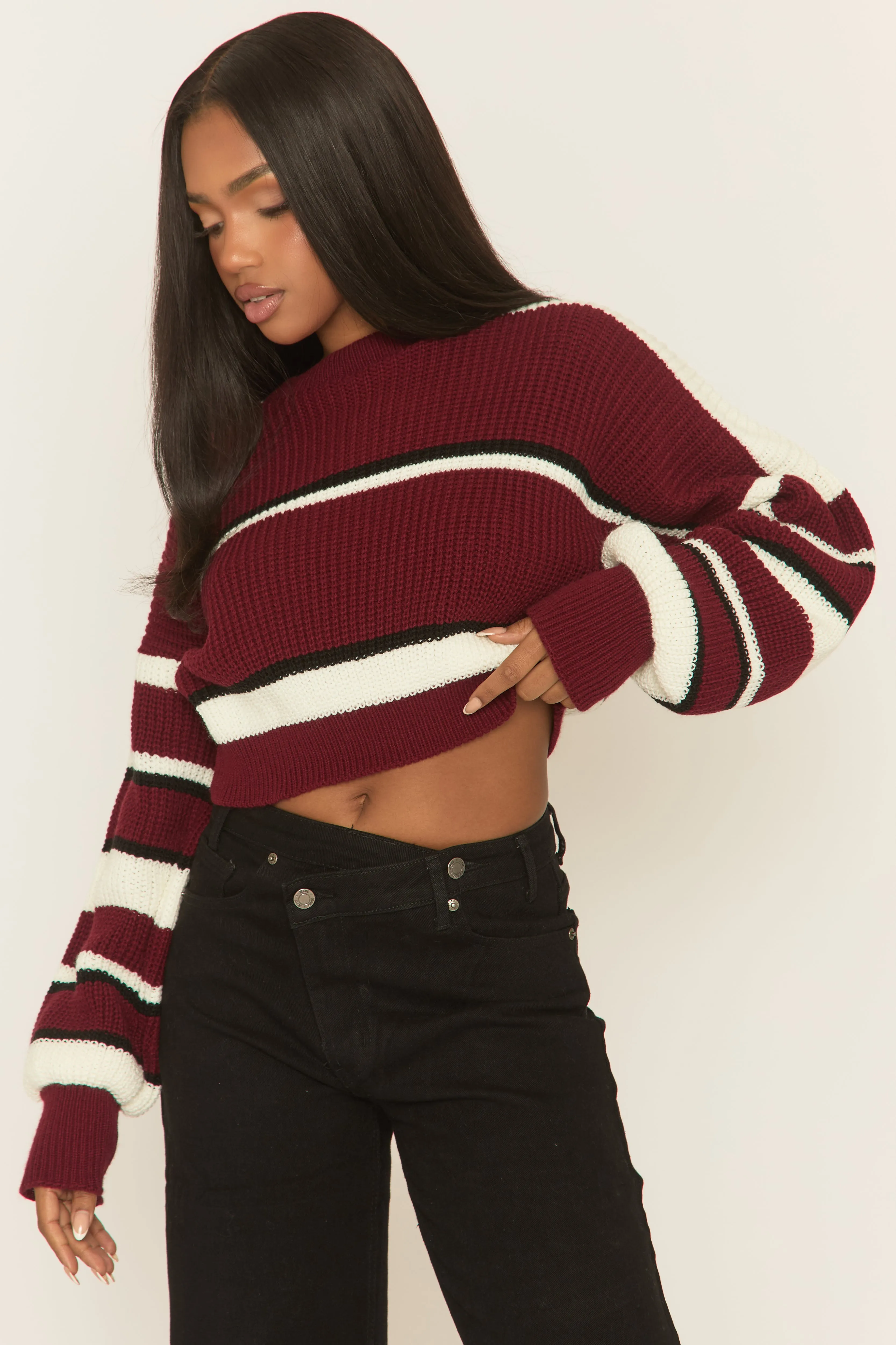 Wine Stripe Cropped Knit Jumper - Isobella sold by Rebellious Fashion