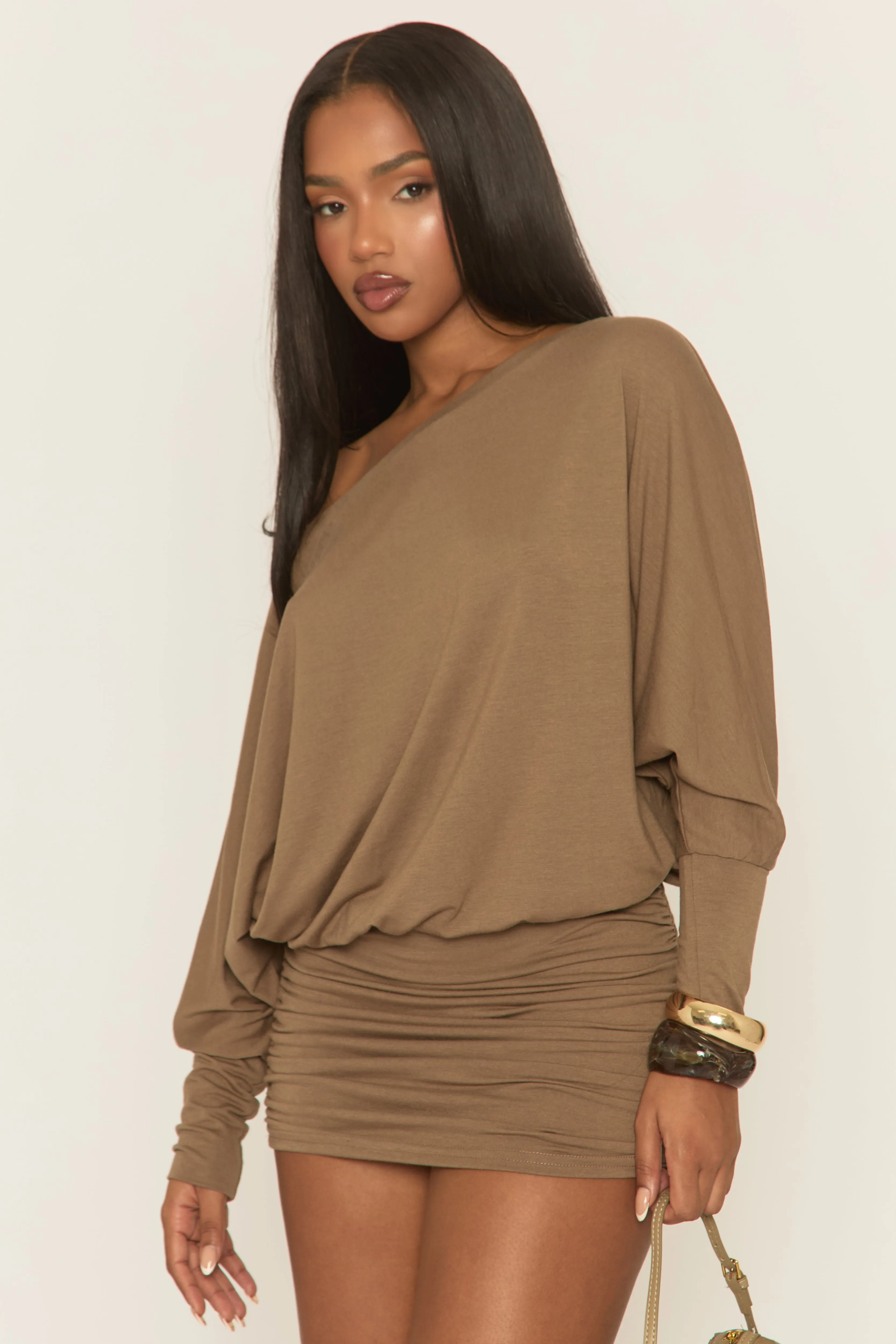 Chocolate Batwing Bardot Mini Dress - Clarice sold by Rebellious Fashion product image thumbnail 2