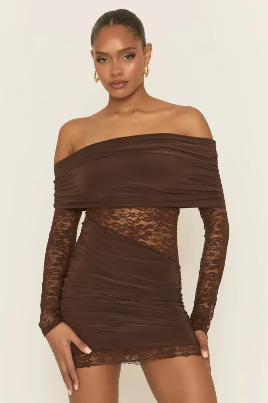 Chocolate Lace Drape Front Mini Dress - Lorrae sold by Rebellious Fashion