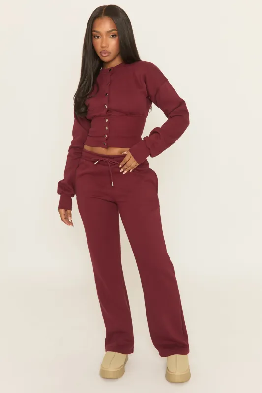 Wine Popper Front Cinched Waist Sweatshirt and Wide Leg Trousers Loungewear Co-ord Set - Neelam sold by Rebellious Fashion