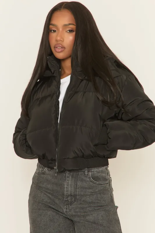 Black Hooded Zip Through Crop Puffer Jacket - Careen sold by Rebellious Fashion
