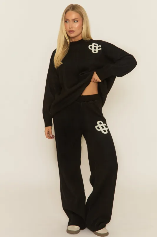 Black Contrast Motif Knit Loungewear Co-ord Set - Regan sold by Rebellious Fashion