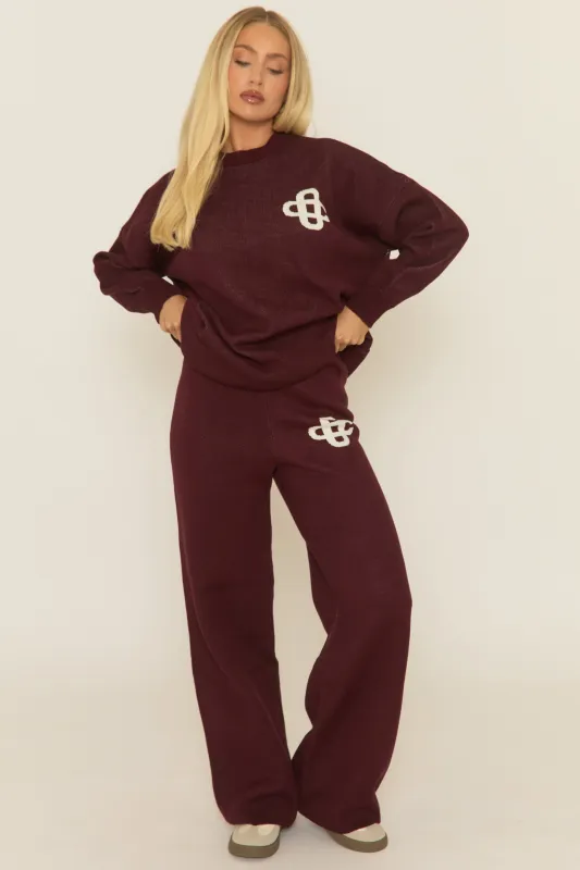 Wine Contrast Motif Knit Loungewear Co-ord Set - Regan made by Rebellious Fashion