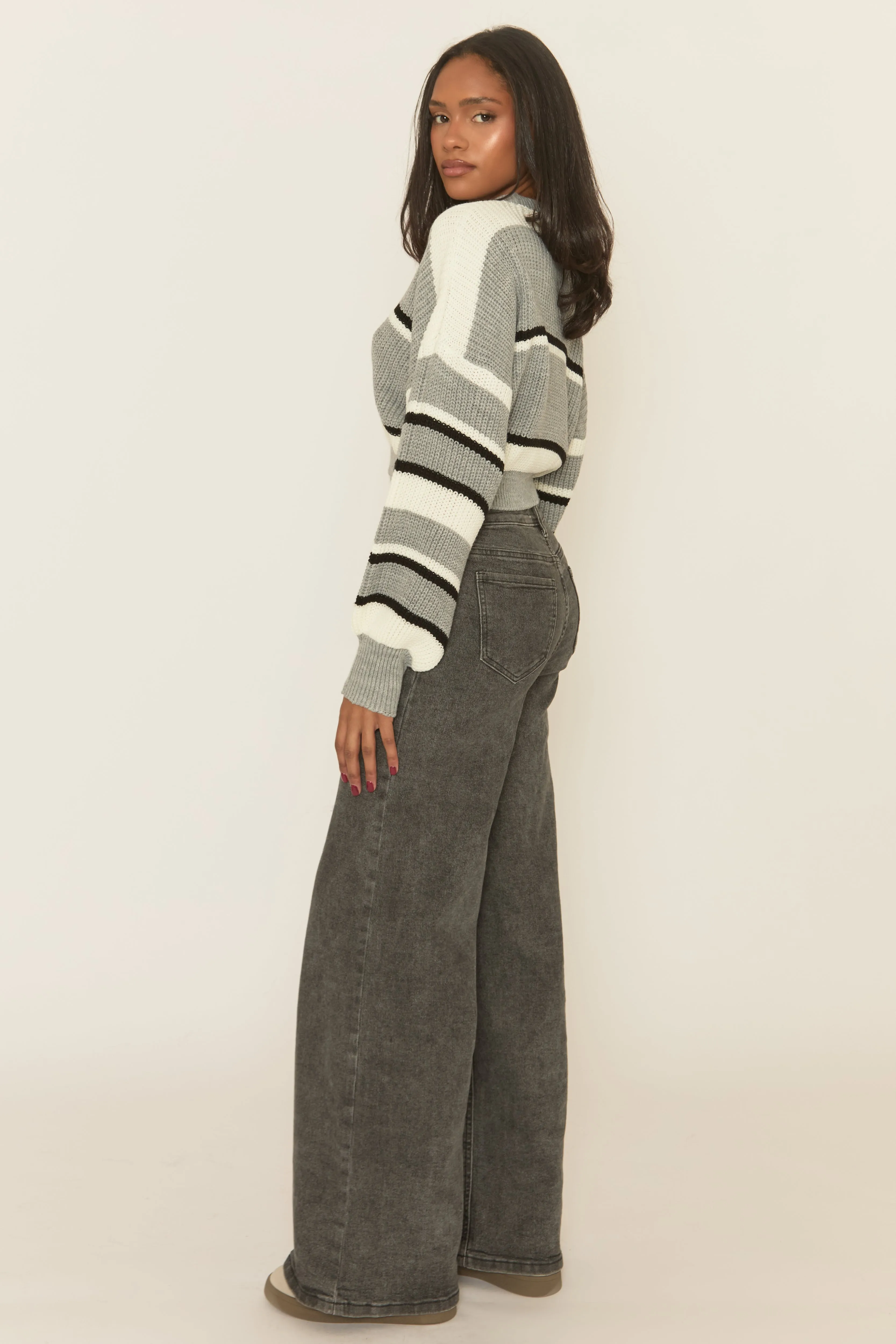 Grey Stripe Cropped Knit Jumper - Isobella sold by Rebellious Fashion product image thumbnail 5