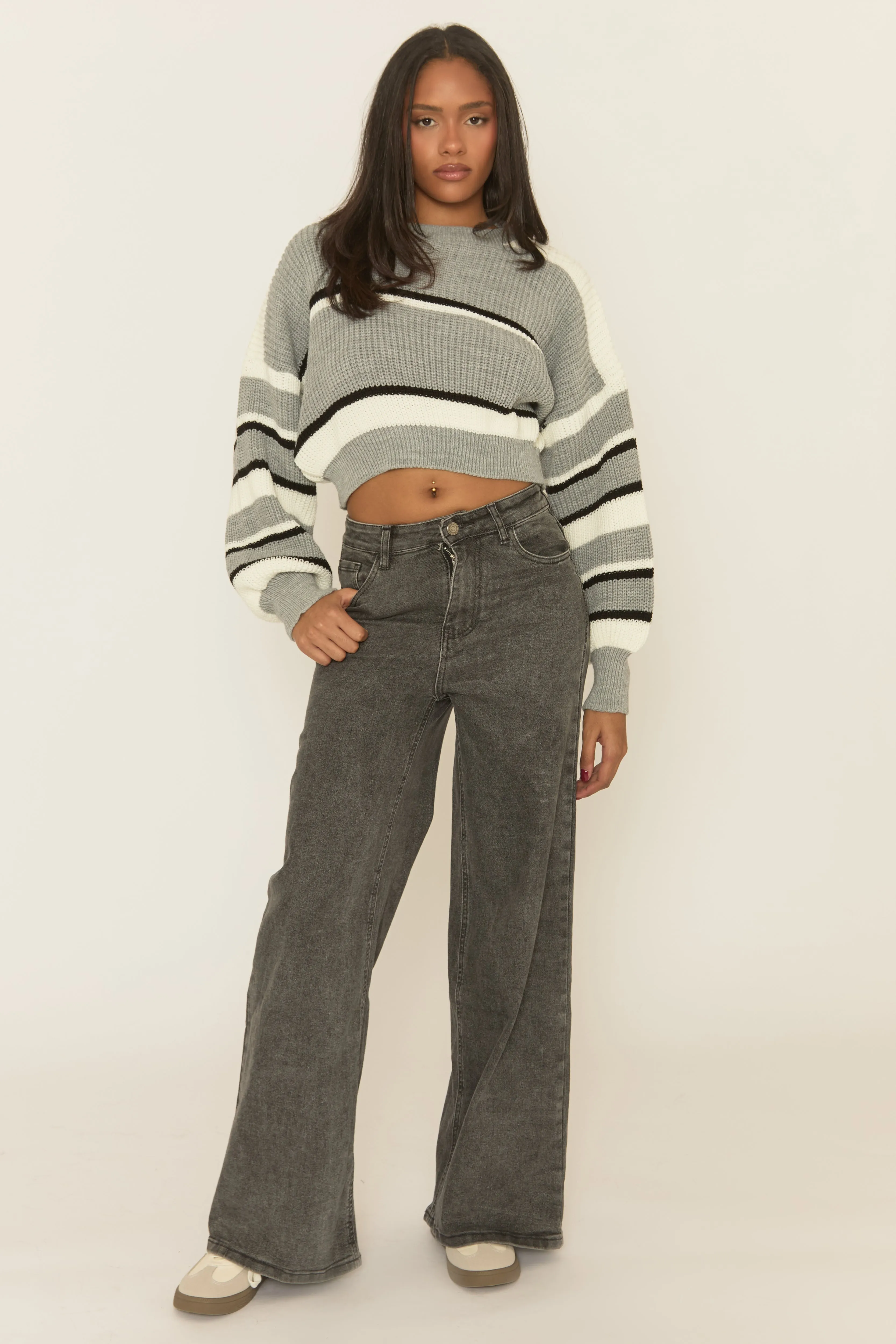 Grey Stripe Cropped Knit Jumper - Isobella sold by Rebellious Fashion product image thumbnail 2