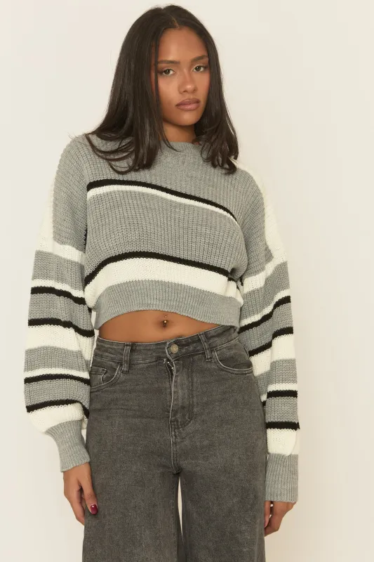 Grey Stripe Cropped Knit Jumper - Isobella sold by Rebellious Fashion