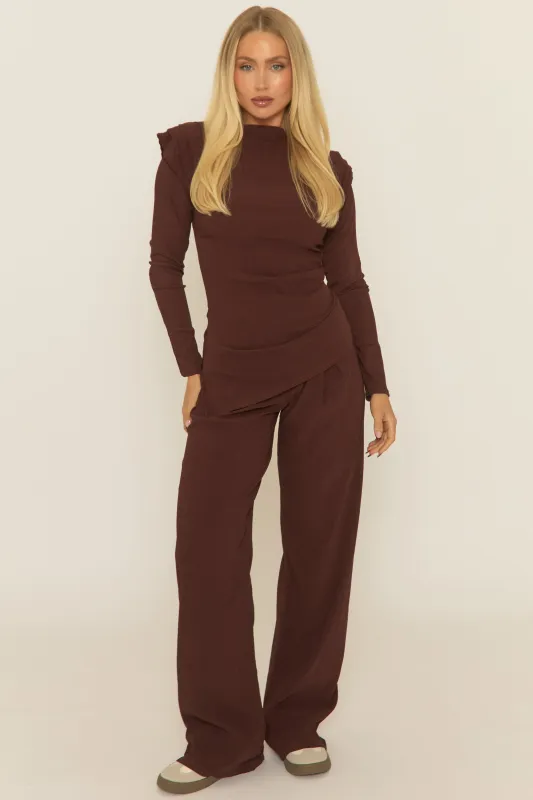 Chocolate Asymmetric Padded Shoulder Top and Trousers Co-ord Set - Riri sold by Rebellious Fashion