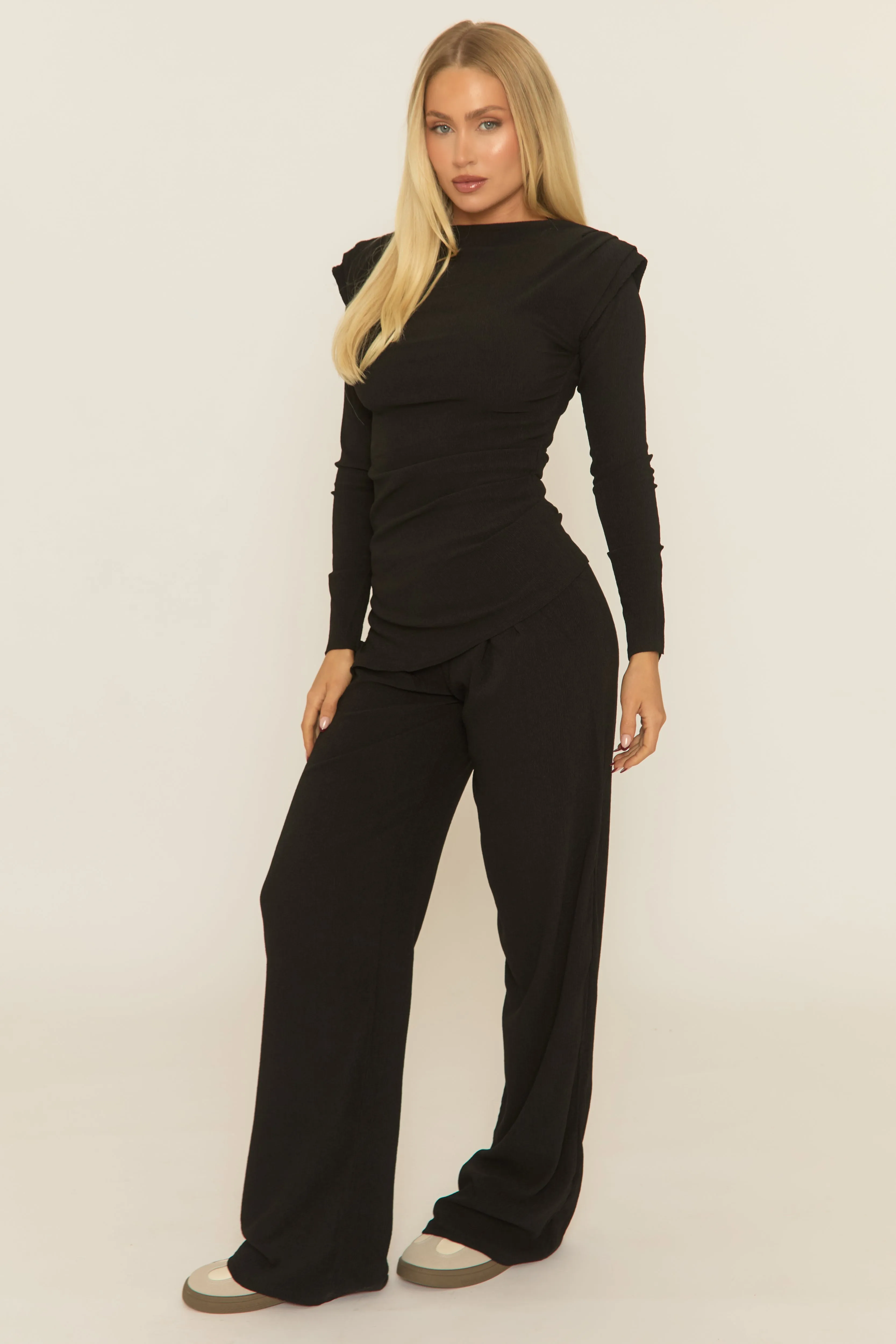 Black Asymmetric Padded Shoulder Top and Trousers Co-ord Set - Riri sold by Rebellious Fashion product image thumbnail 2