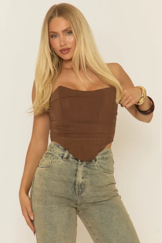 Chocolate Brown Mesh Corset Top - Ellenor sold by Rebellious Fashion