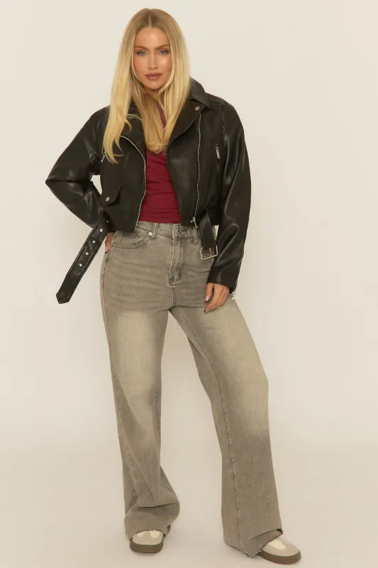 Black PU Cropped Biker Jacket - Josia sold by Rebellious Fashion