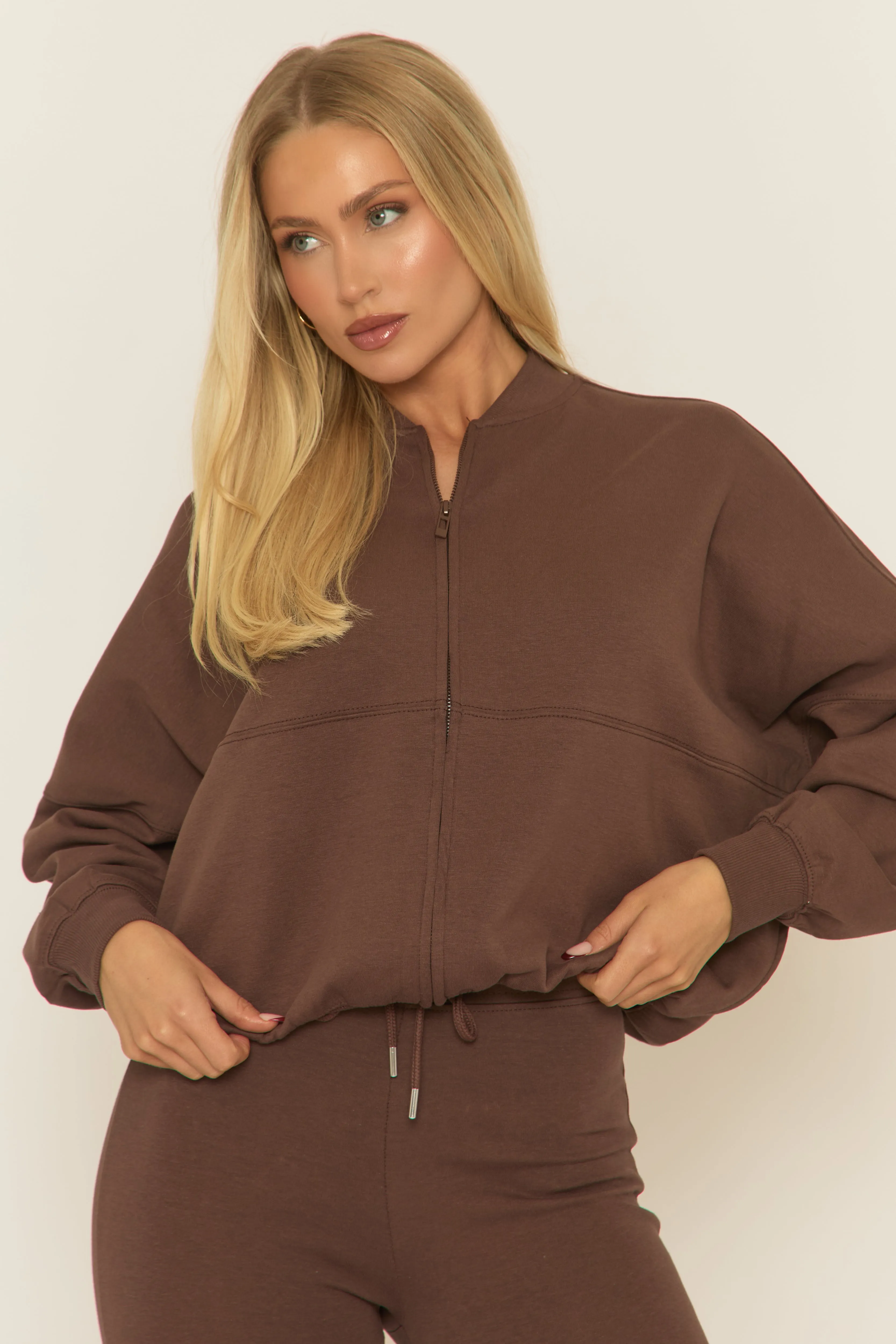 Chocolate Zip Front Bomber And Flare Joggers Loungewear Co-ord Set - Lonie sold by Rebellious Fashion product image thumbnail 3