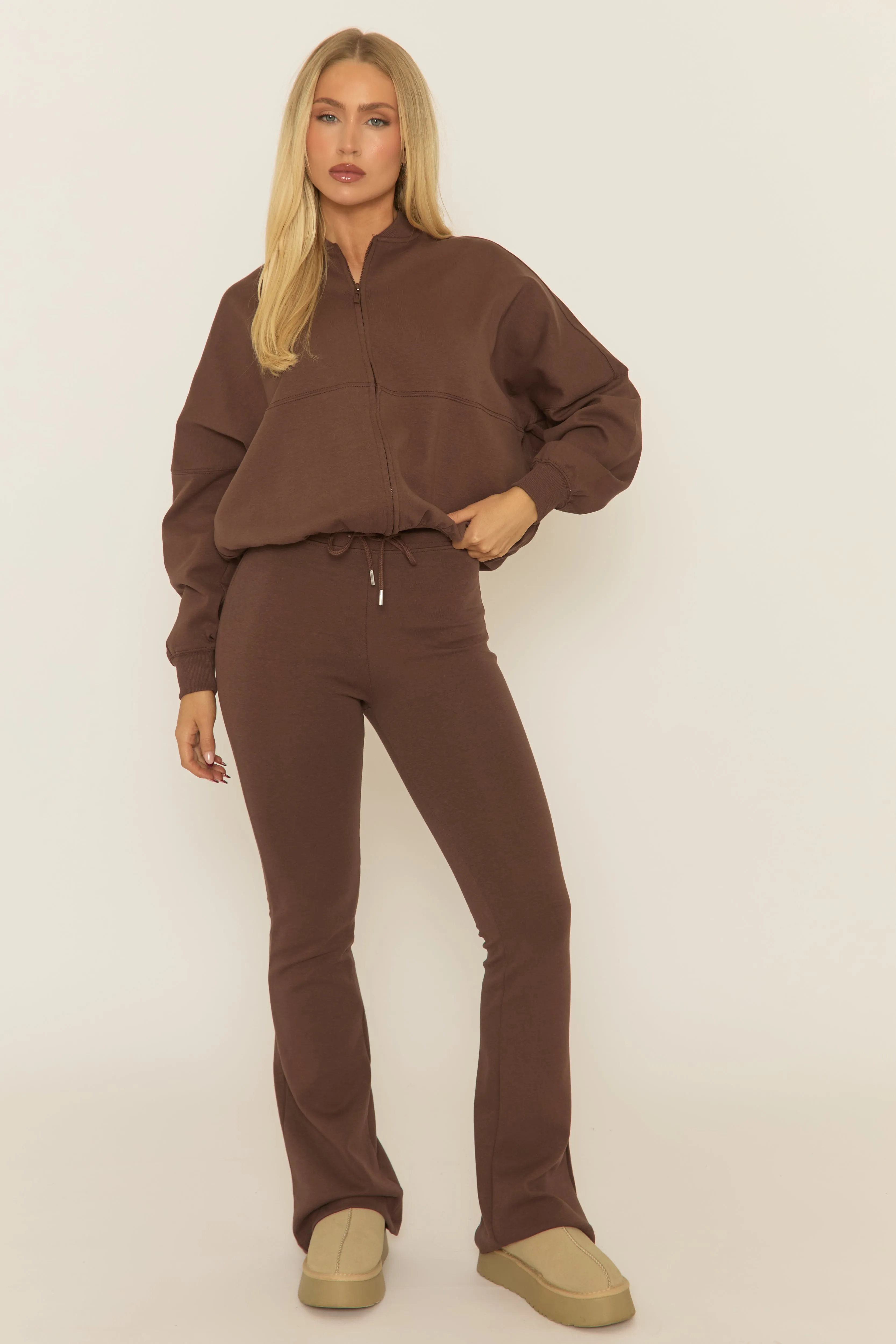 Chocolate Zip Front Bomber And Flare Joggers Loungewear Co-ord Set - Lonie sold by Rebellious Fashion product image thumbnail 2