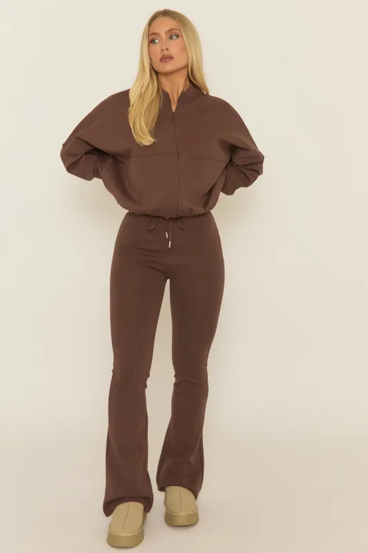 Chocolate Zip Front Bomber And Flare Joggers Loungewear Co-ord Set - Lonie sold by Rebellious Fashion