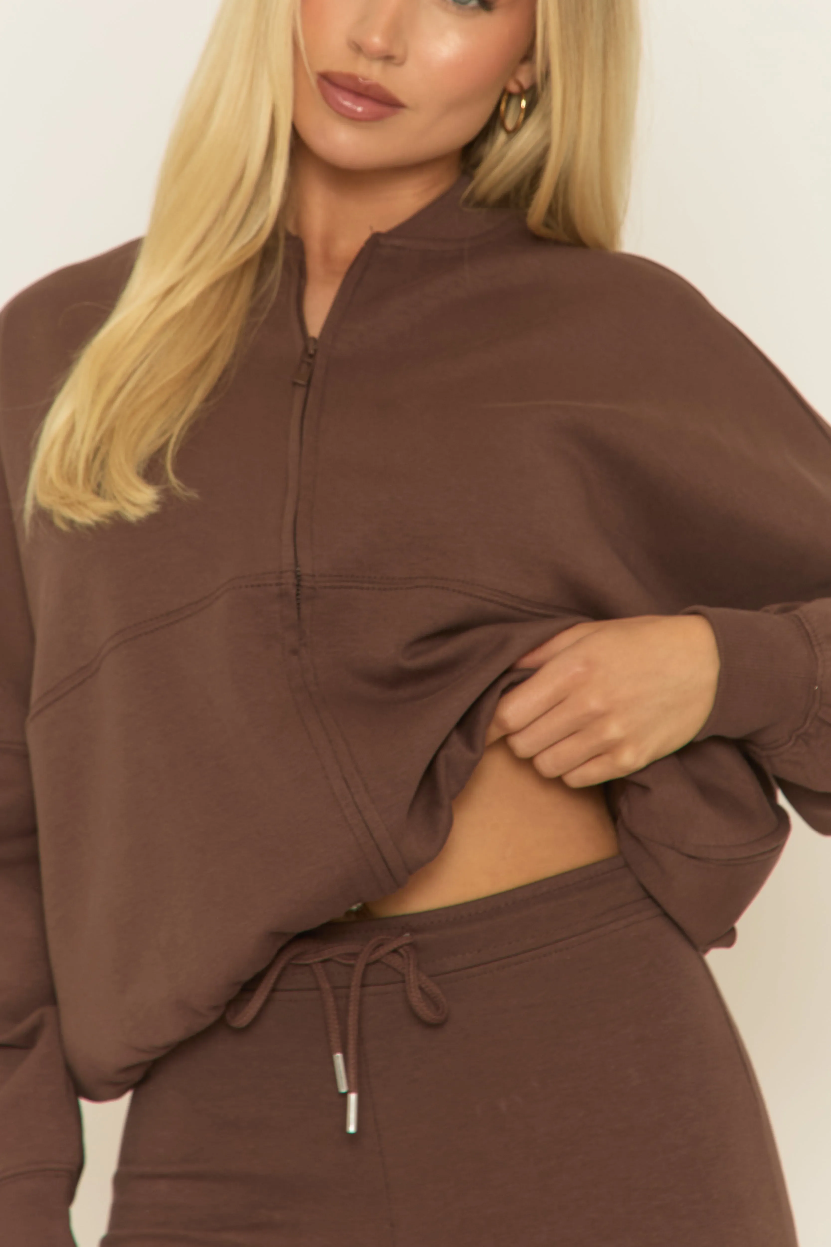 Chocolate Zip Front Bomber And Flare Joggers Loungewear Co-ord Set - Lonie sold by Rebellious Fashion product image thumbnail 4