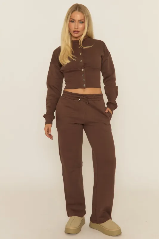 Chocolate Popper Front Cinched Waist Sweatshirt and Wide Leg Trousers Loungewear Co-ord Set - Neelam sold by Rebellious Fashion
