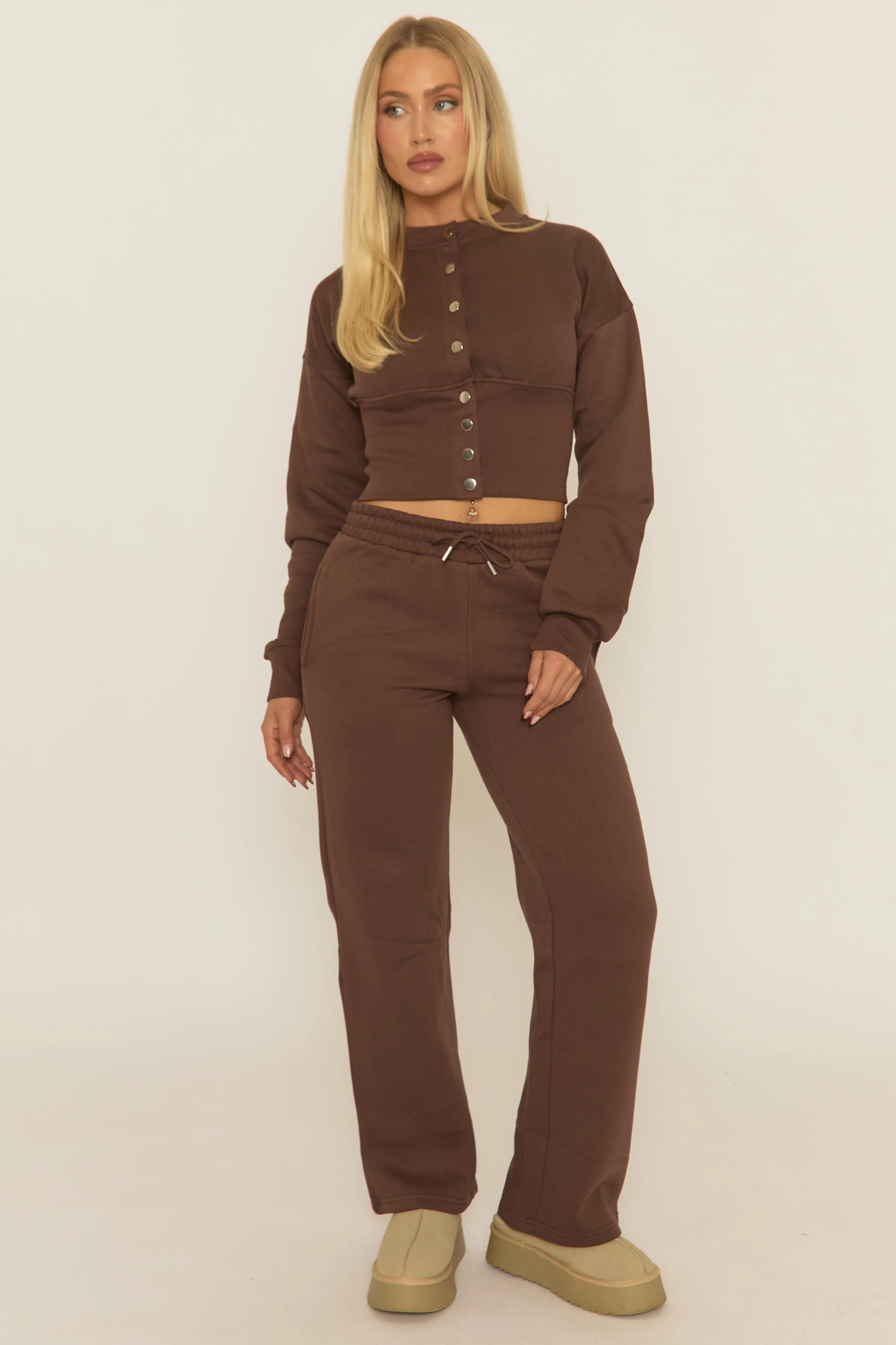 Chocolate Popper Front Cinched Waist Sweatshirt and Wide Leg Trousers Loungewear Co-ord Set - Neelam sold by Rebellious Fashion product image thumbnail 5