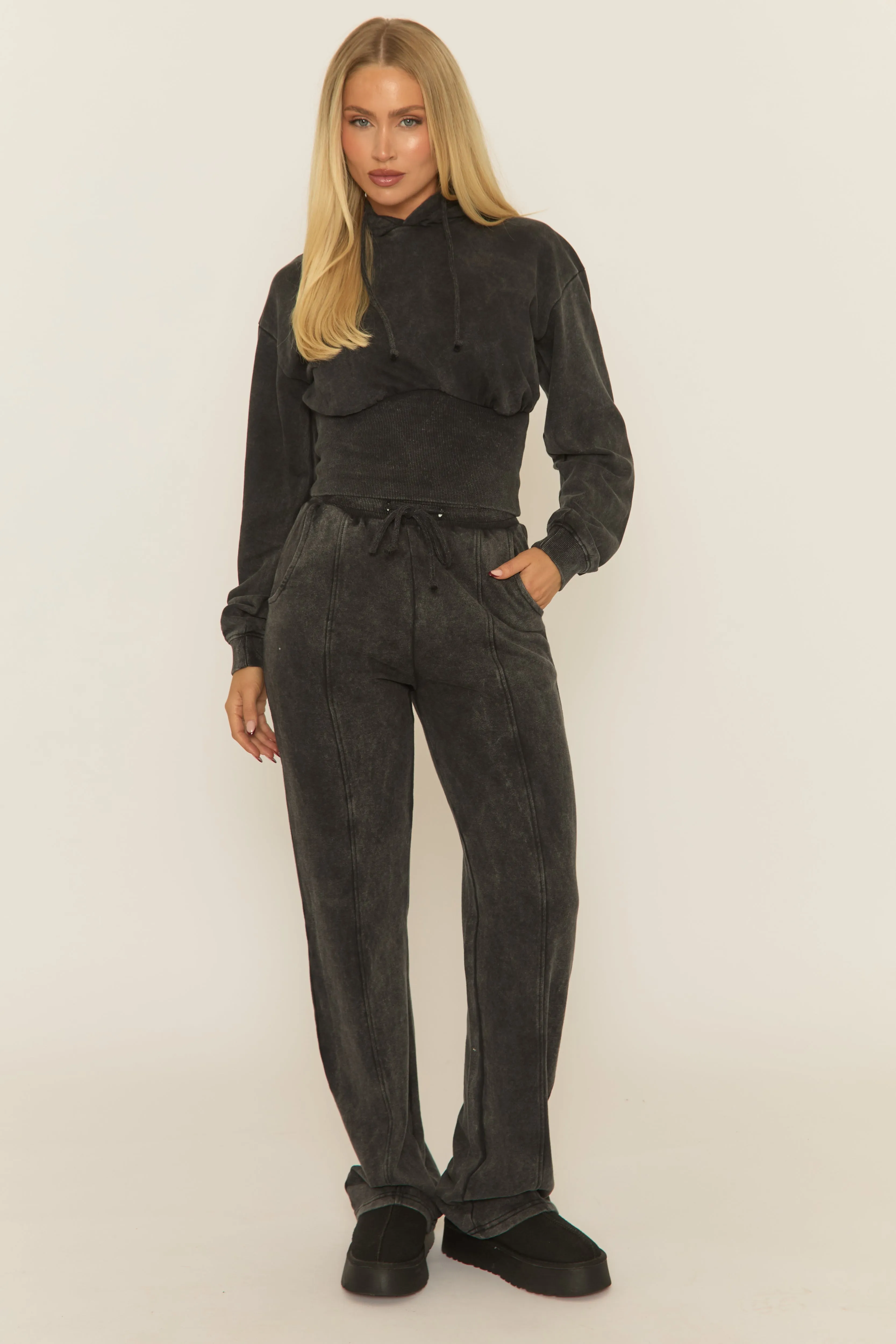 Charcoal Washed Cinched Waist Hoody and Joggers Loungewear Co-ord Set - Destiny sold by Rebellious Fashion product image thumbnail 2