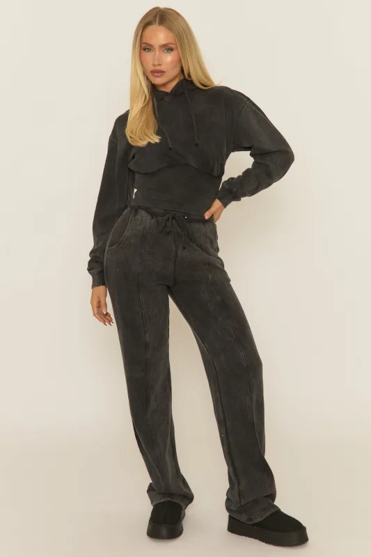 Charcoal Washed Cinched Waist Hoody and Joggers Loungewear Co-ord Set - Destiny sold by Rebellious Fashion
