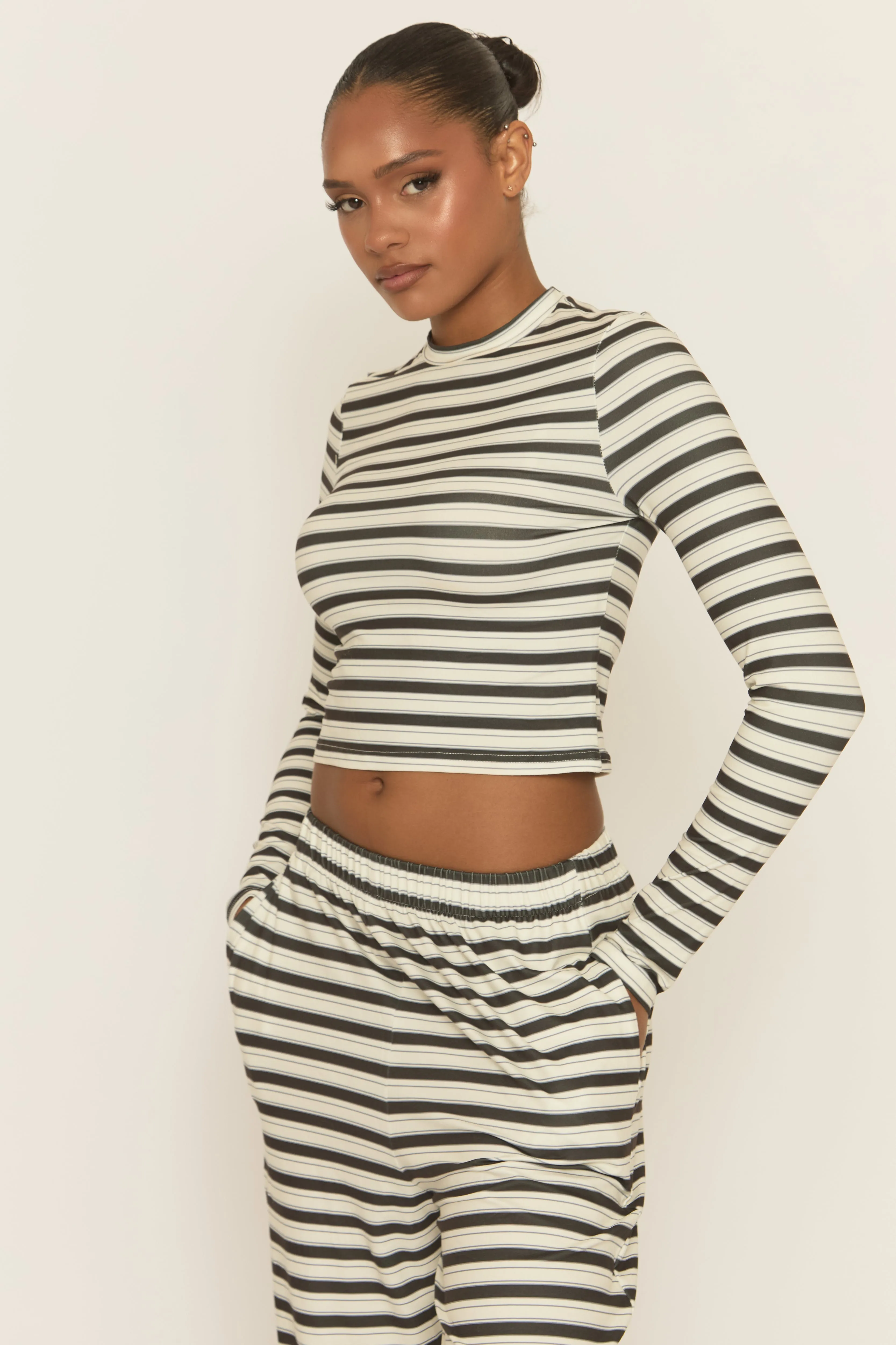 Cream Striped Jersey Top and Trouser Loungewear Co-ord Set - Arlene sold by Rebellious Fashion product image thumbnail 2