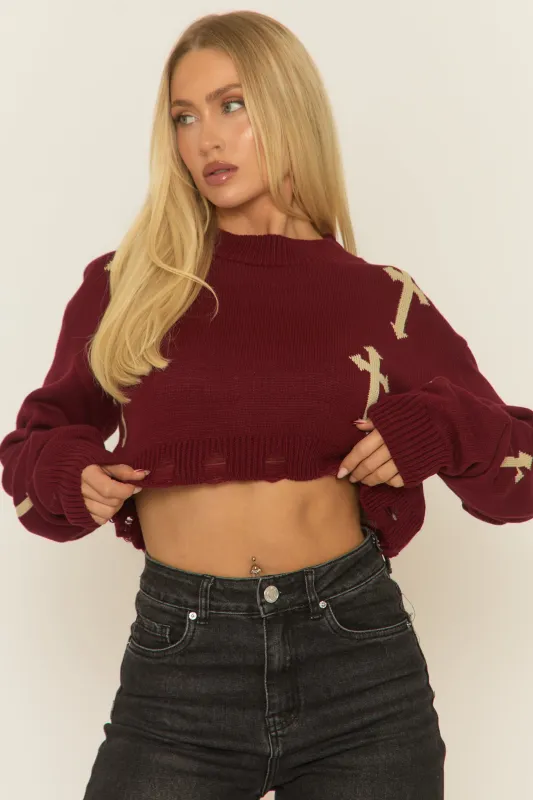 Wine Cross Print Distressed Crop Knit Jumper - Sanah sold by Rebellious Fashion