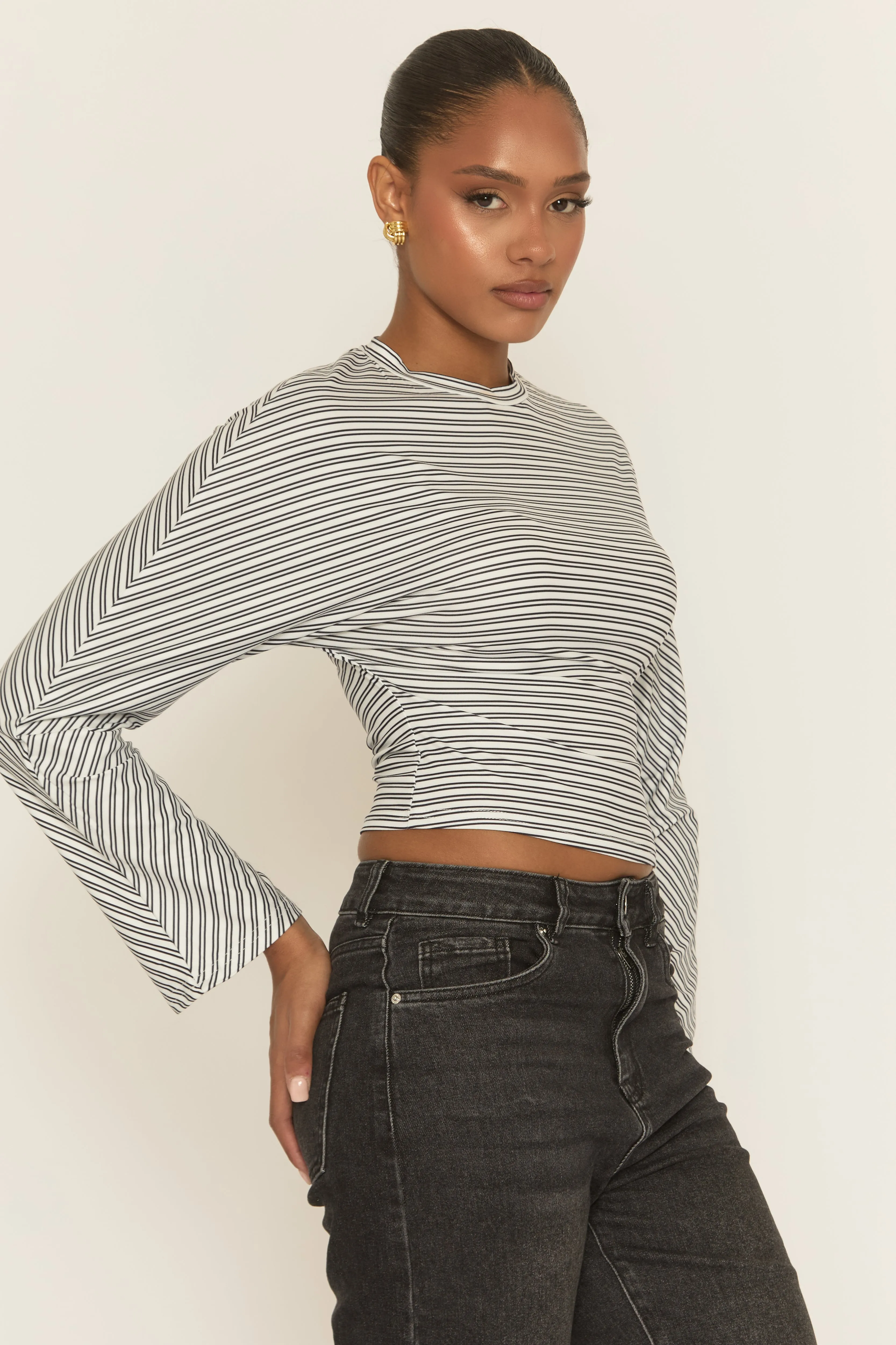 White Striped Cinched Waist Top - Mallie sold by Rebellious Fashion product image thumbnail 4