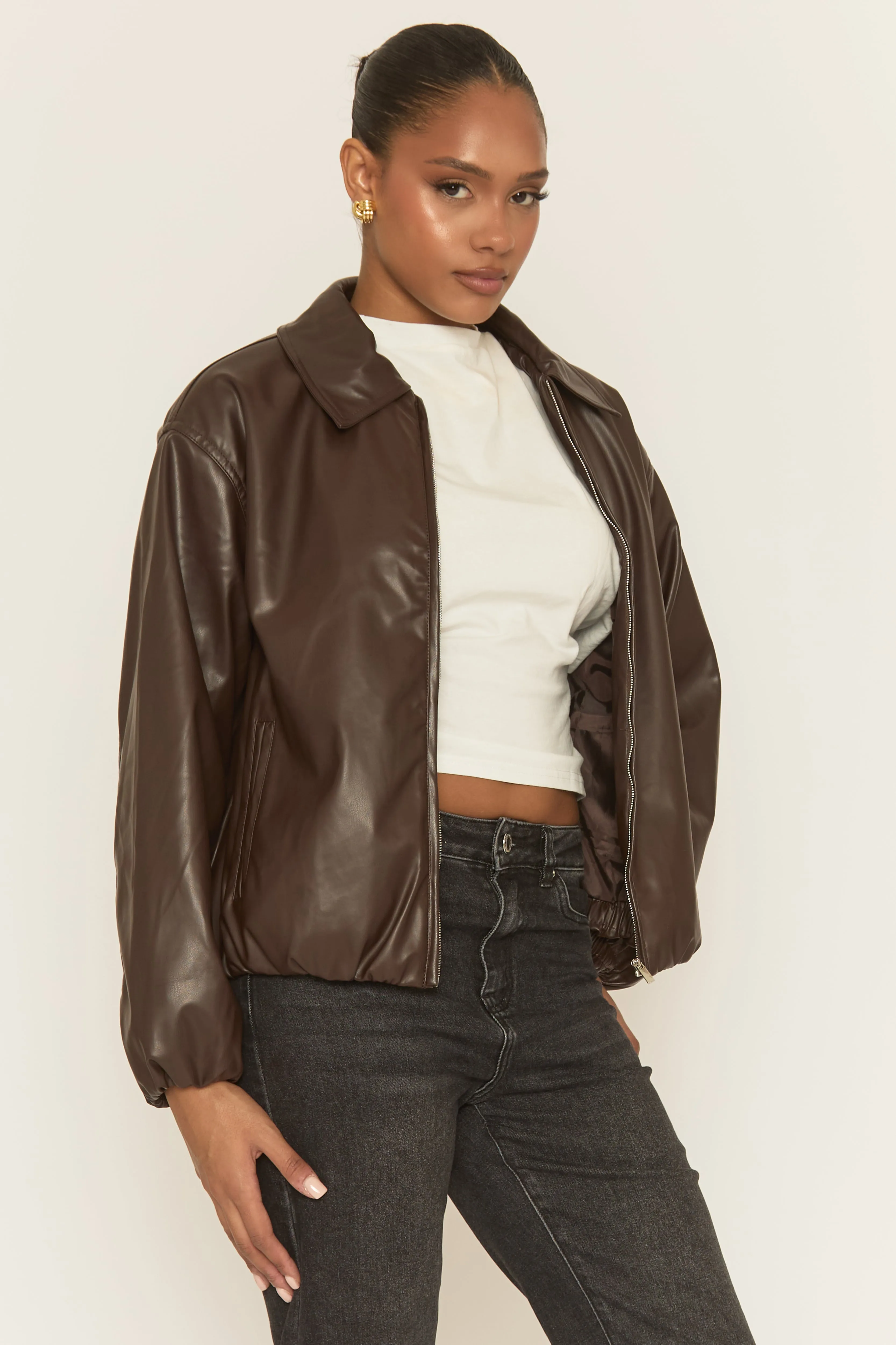 Chocolate Faux Leather Bomber Jacket - Miren sold by Rebellious Fashion product image thumbnail 3