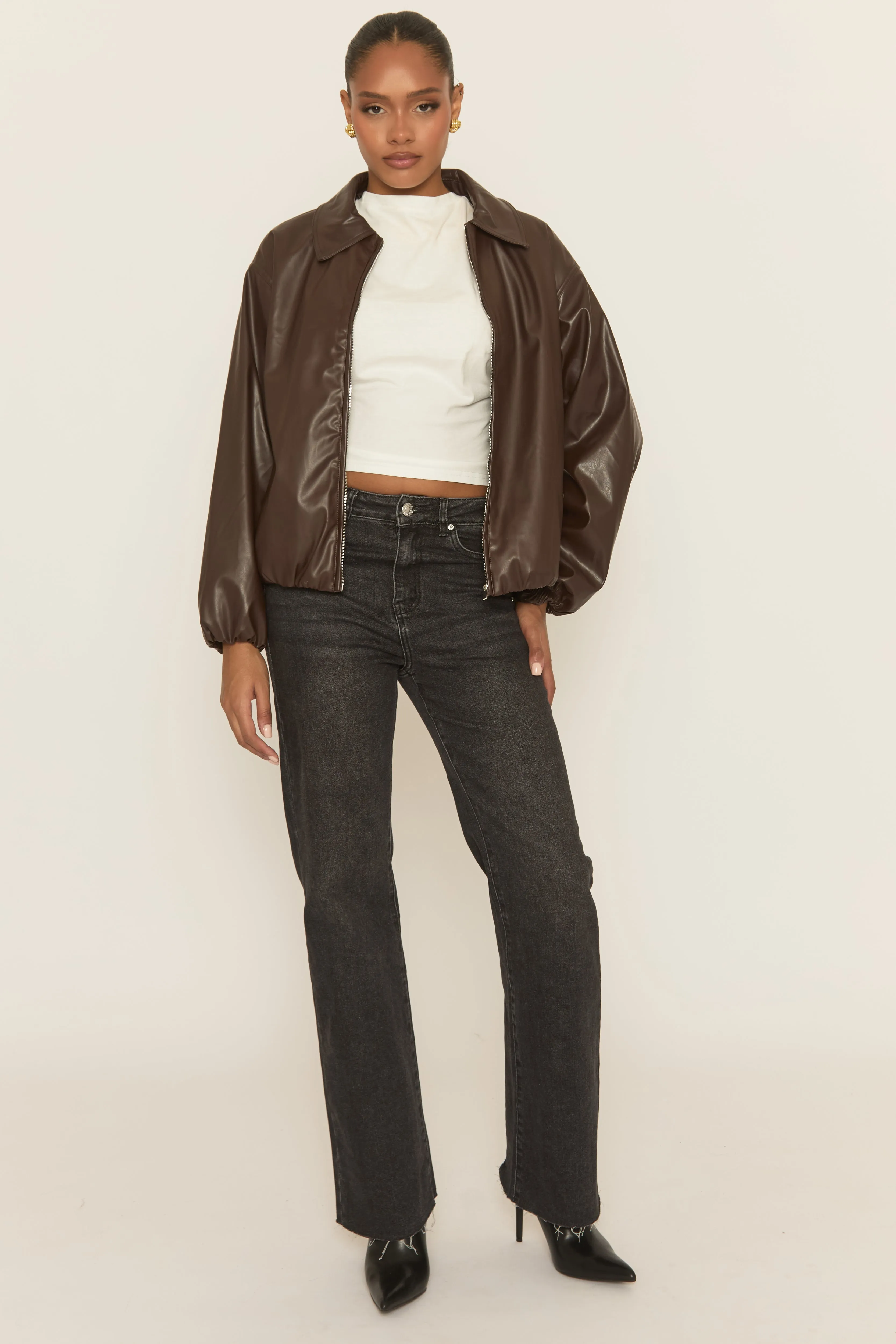 Chocolate Faux Leather Bomber Jacket - Miren sold by Rebellious Fashion product image thumbnail 2