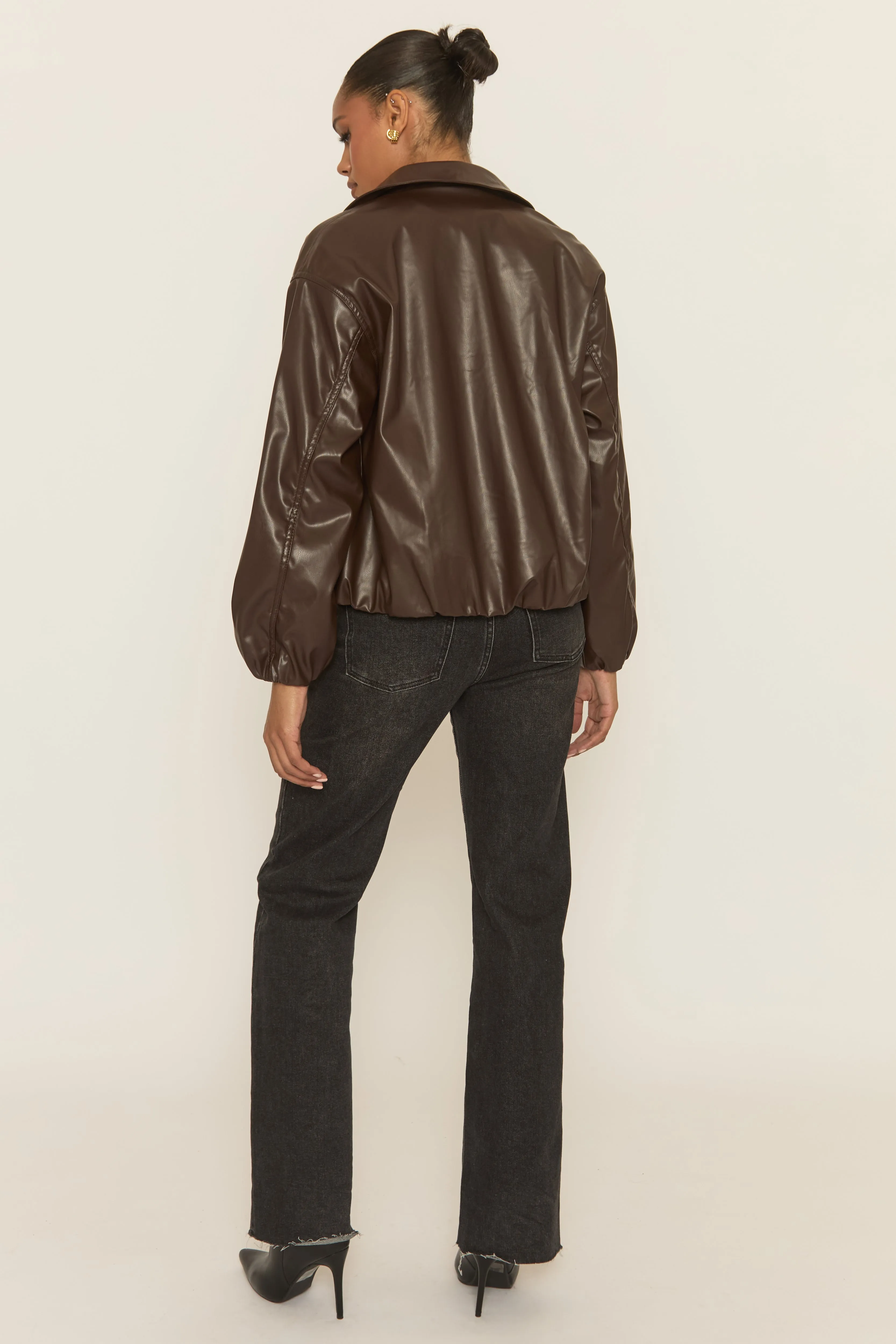 Chocolate Faux Leather Bomber Jacket - Miren sold by Rebellious Fashion product image thumbnail 5