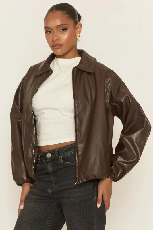 Chocolate Faux Leather Bomber Jacket - Miren sold by Rebellious Fashion