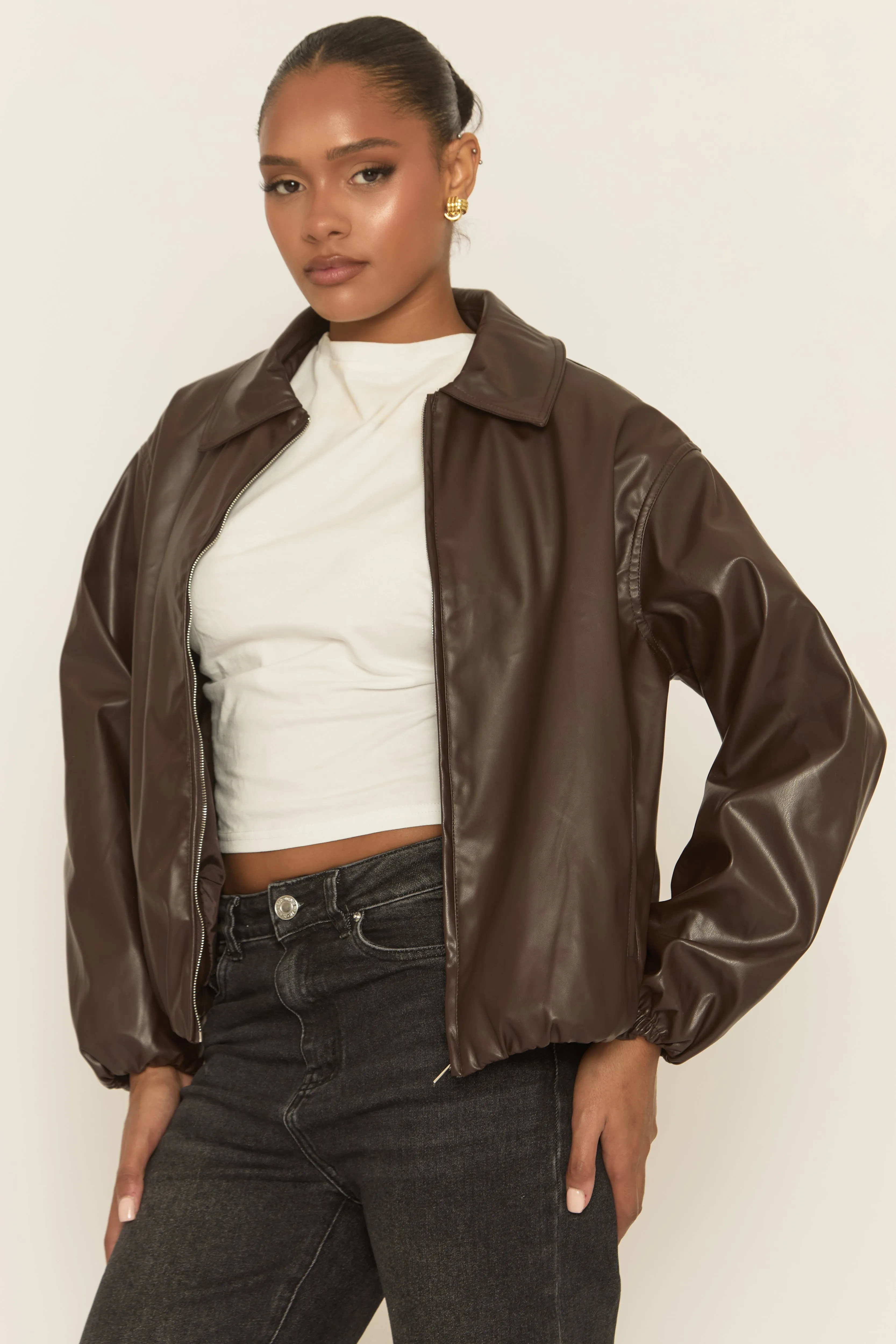 Chocolate Faux Leather Bomber Jacket - Miren sold by Rebellious Fashion